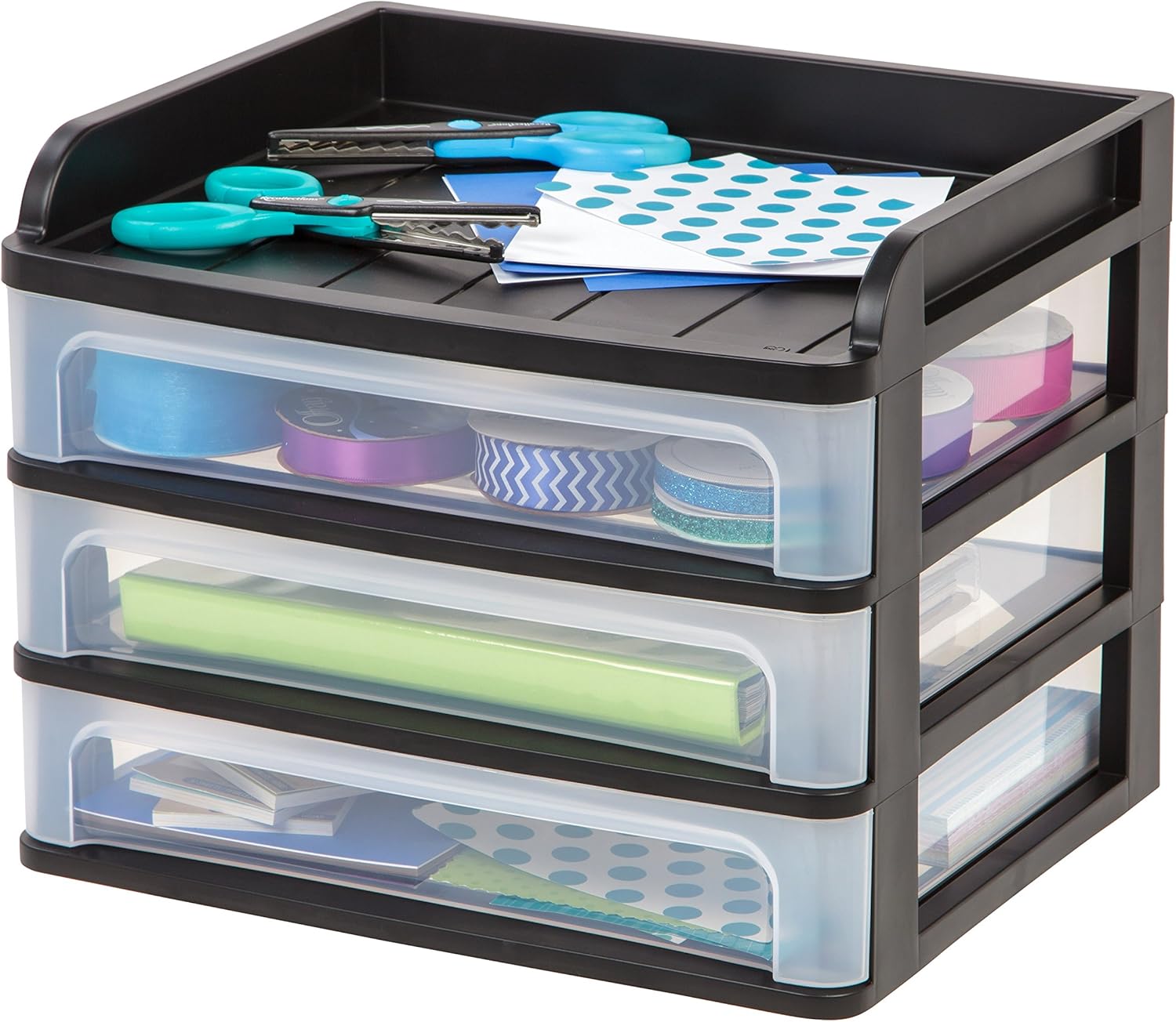 IRIS Carrito de almacenamiento de 4 cajones con parte superior organizadora, sistema de cajones de escritorio mediano negro y IRIS USA, 1 paquete,