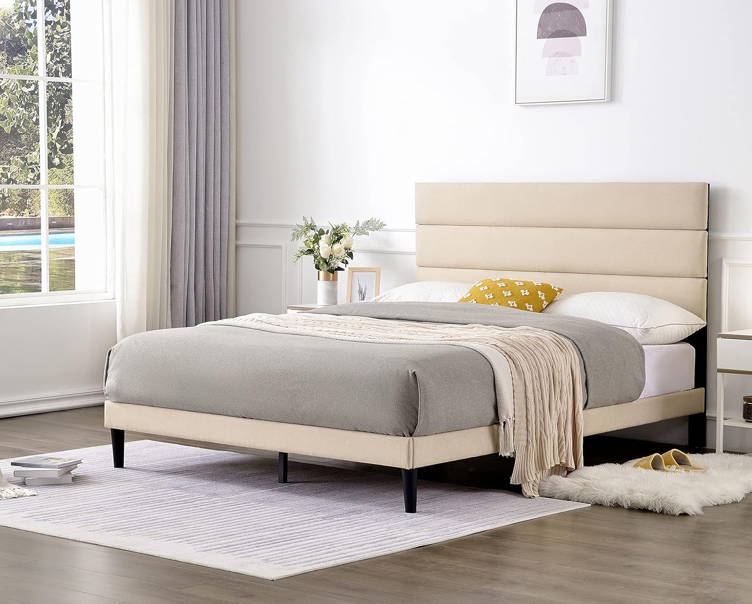 Base de cama tapizada de metal de tamaño matrimonial con cabecero y listones de madera fuertes, antideslizante y sin ruido, no necesita somier, base