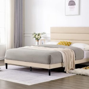 Base de cama tapizada de metal de tamaño matrimonial con cabecero y listones de madera fuertes, antideslizante y sin ruido, no necesita somier, base Base de cama tapizada de metal de tamaño matrimonial con cabecero y listones de madera fuertes, antideslizante y sin ruido, no necesita somier, base