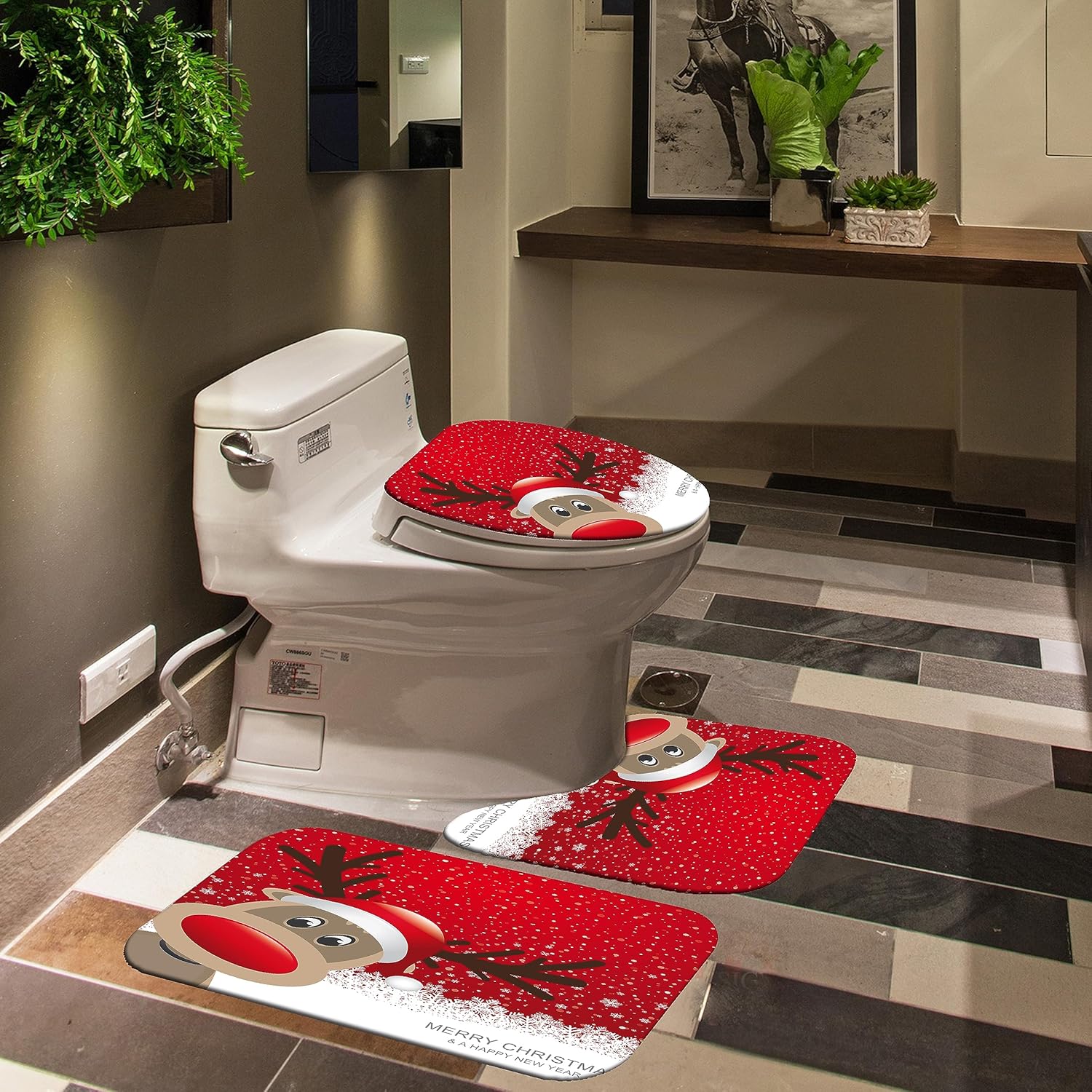 HYHWPH Juego de cortinas de ducha de Navidad, 4 piezas con cortina de ducha, alfombra de tapa de inodoro, tapete de contorno y tapete de baño,