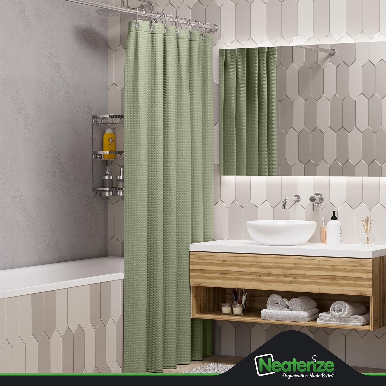 NEATERIZE Cortina de ducha verde salvia, cortinas de ducha estilo hotel verde salvia para baño con diseño de gofre, 72 x 78 pulgadas, cortina de