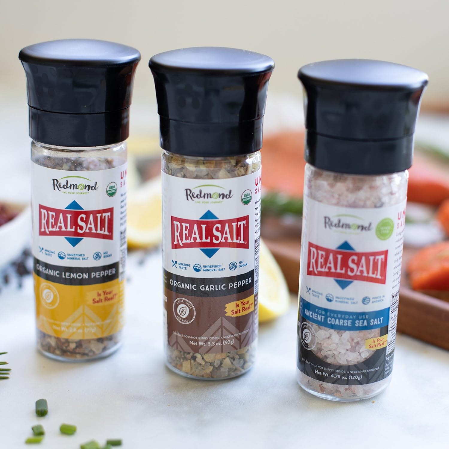Redmond Sal marina real – Natural sin refinar sin gluten, sal gruesa con molinillo grueso (pimienta de limón, ajo, y original)