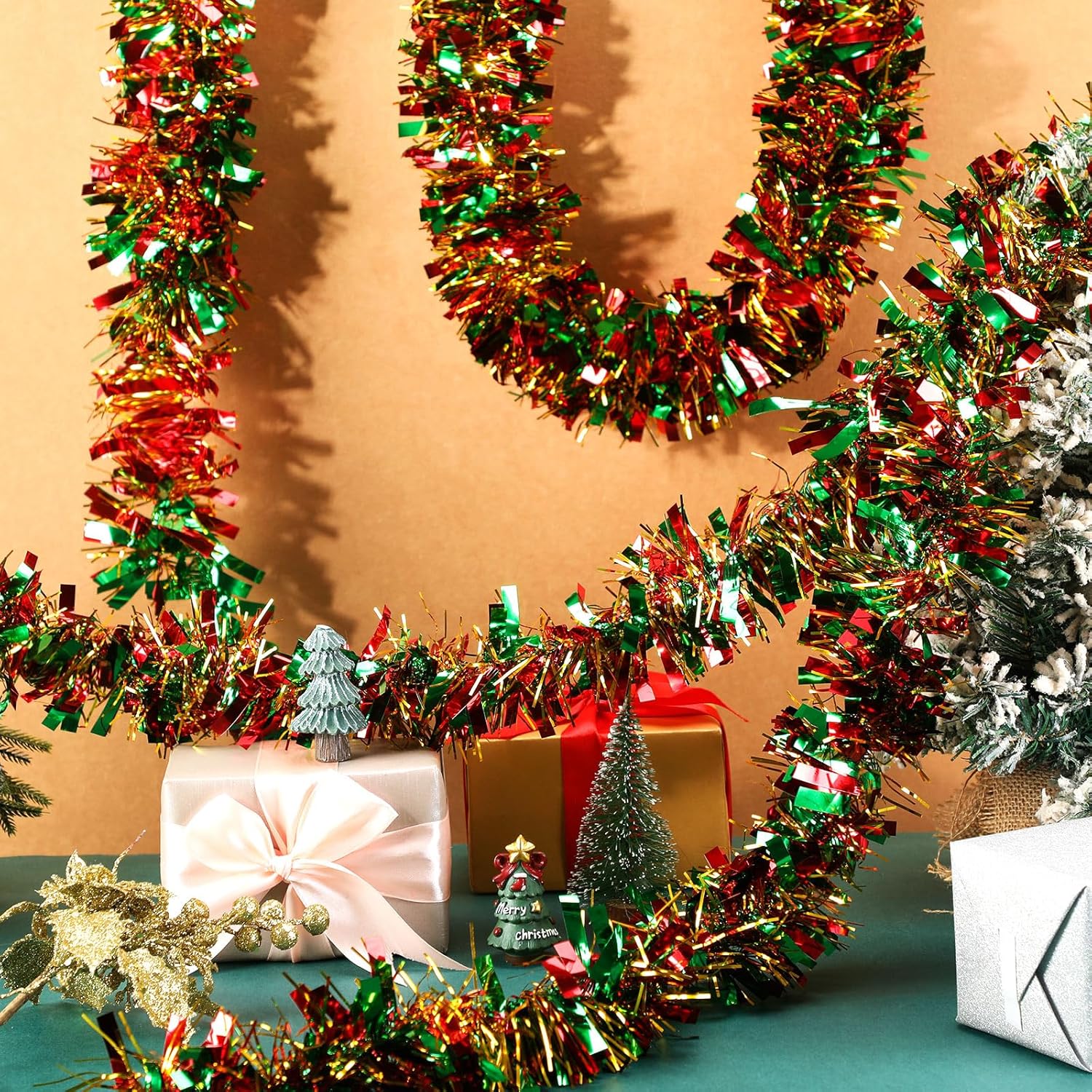 Guirnalda de oropel de Navidad, guirnalda de Navidad artificial, guirnalda metálica para colgar en chimenea, mantel de chimenea, decoración de