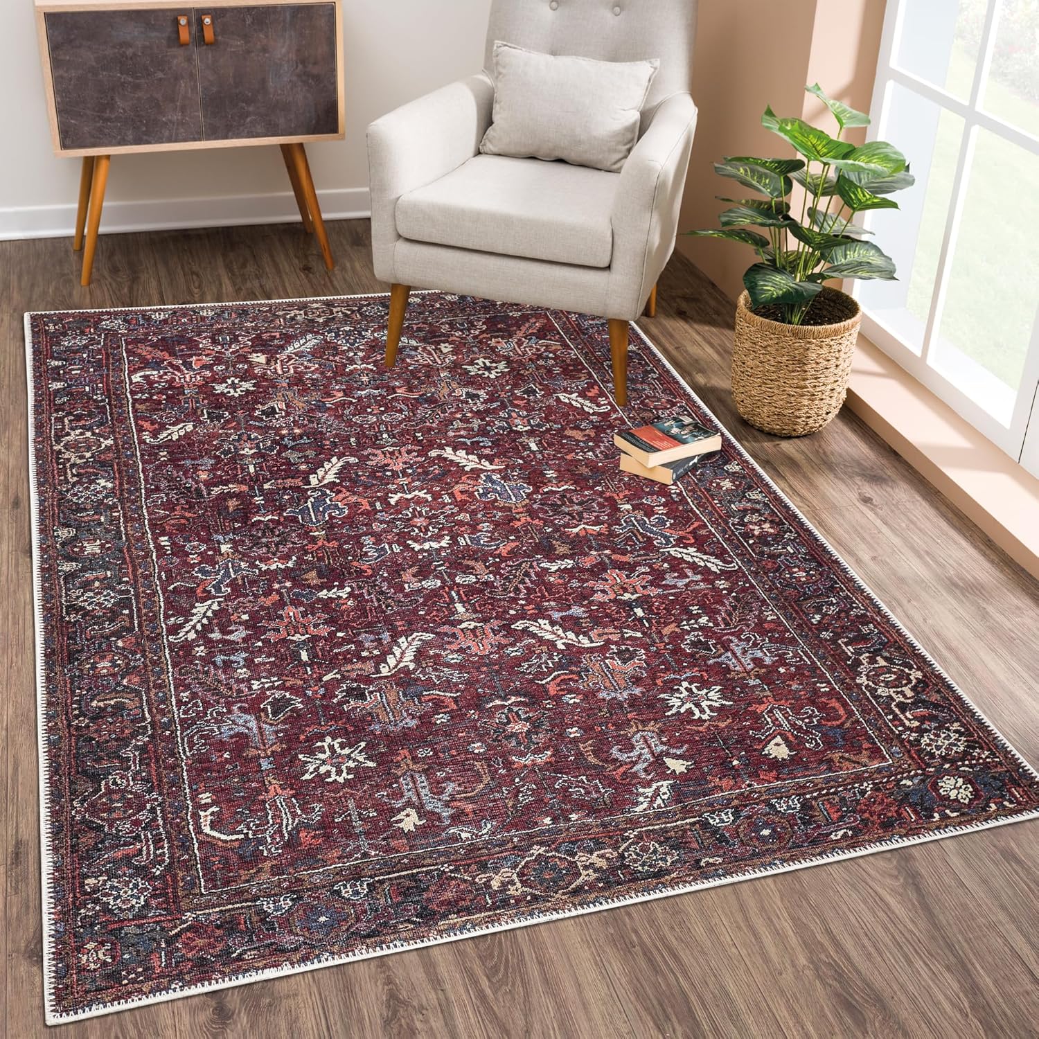 Bloom Rugs Alfombra lavable antideslizante de 6 x 9 pies, alfombra tradicional con bordes para sala de estar, dormitorio, comedor y cocina, tamaño