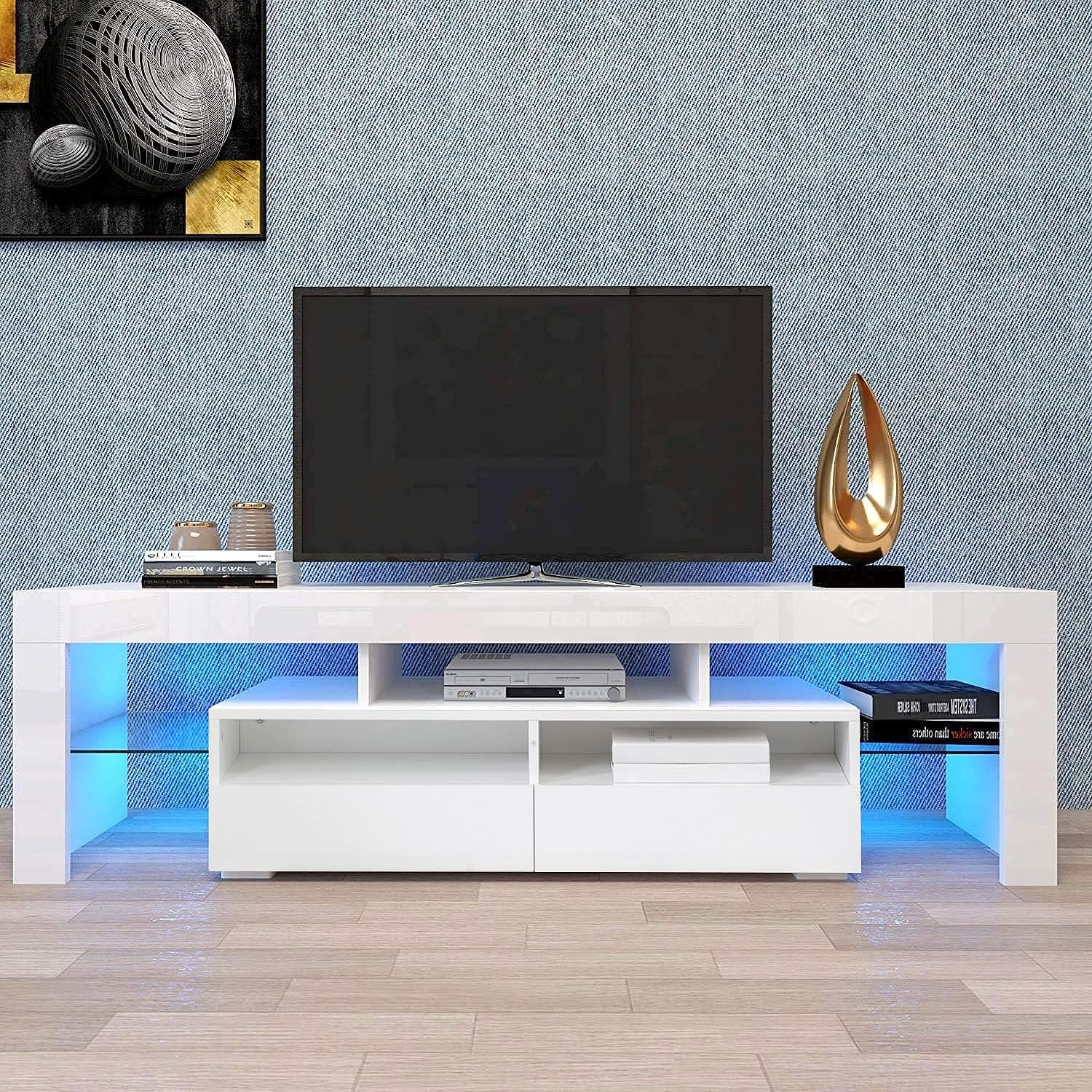 Goujxcy Soporte de TV LED para televisores de 65 pulgadas, centro de entretenimiento de alto brillo con cajones de almacenamiento, mesa de consola