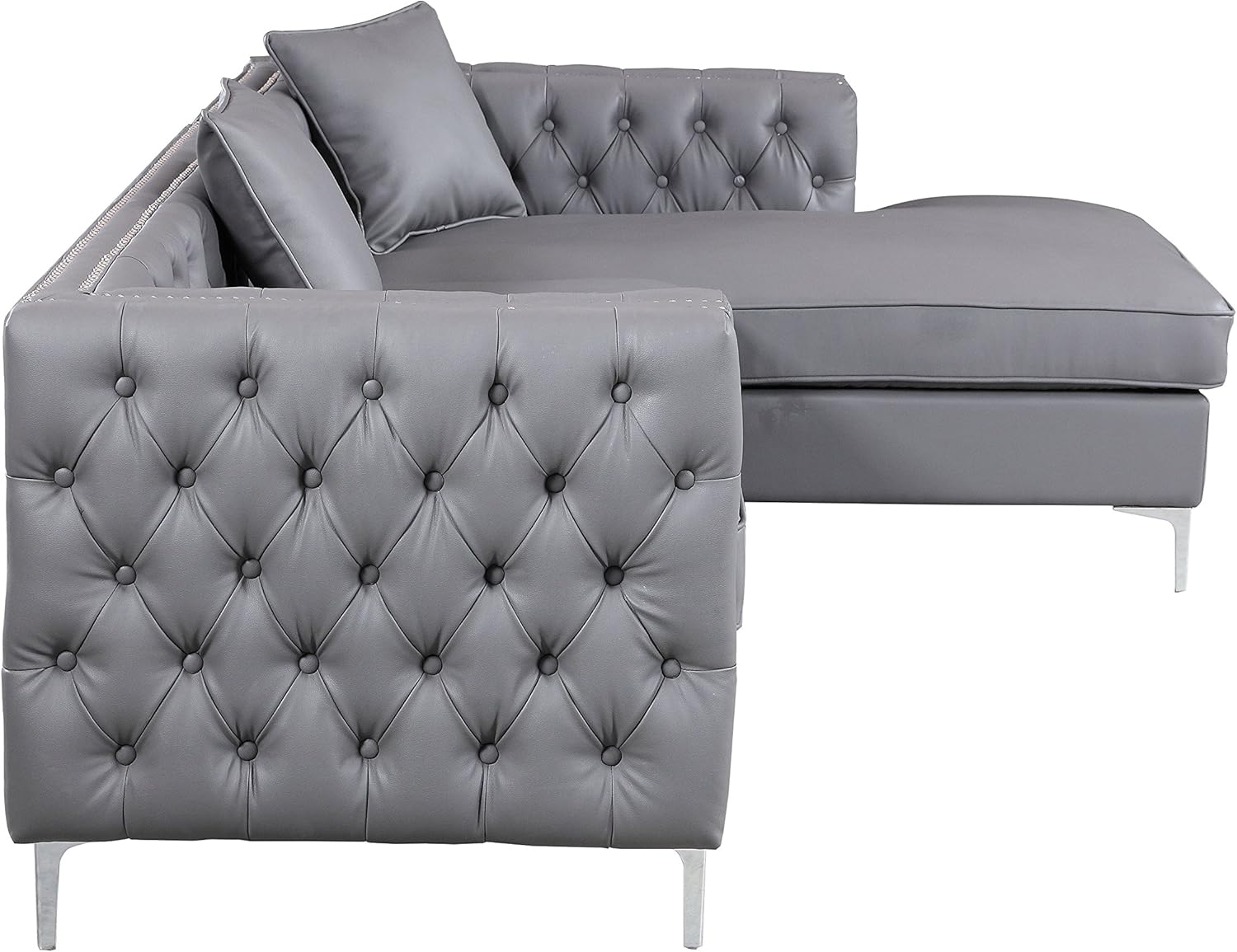 Da Vinci – Sofá seccional de piel sintética gris con ribete plateado y patas en Y de metal plateado