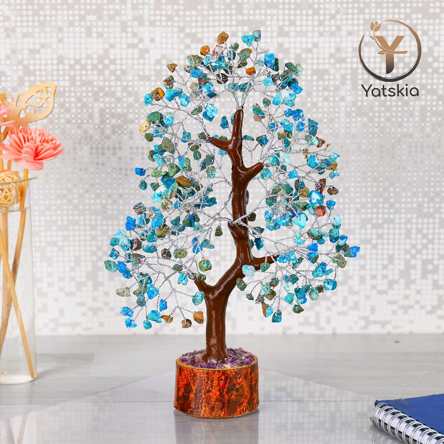 YATSKIA – Árbol de cristal turquesa Feng Shui, alambre, bonsái Buhha, estatua reiki, Chakra curativo energía positiva, buena suerte dinero regalos