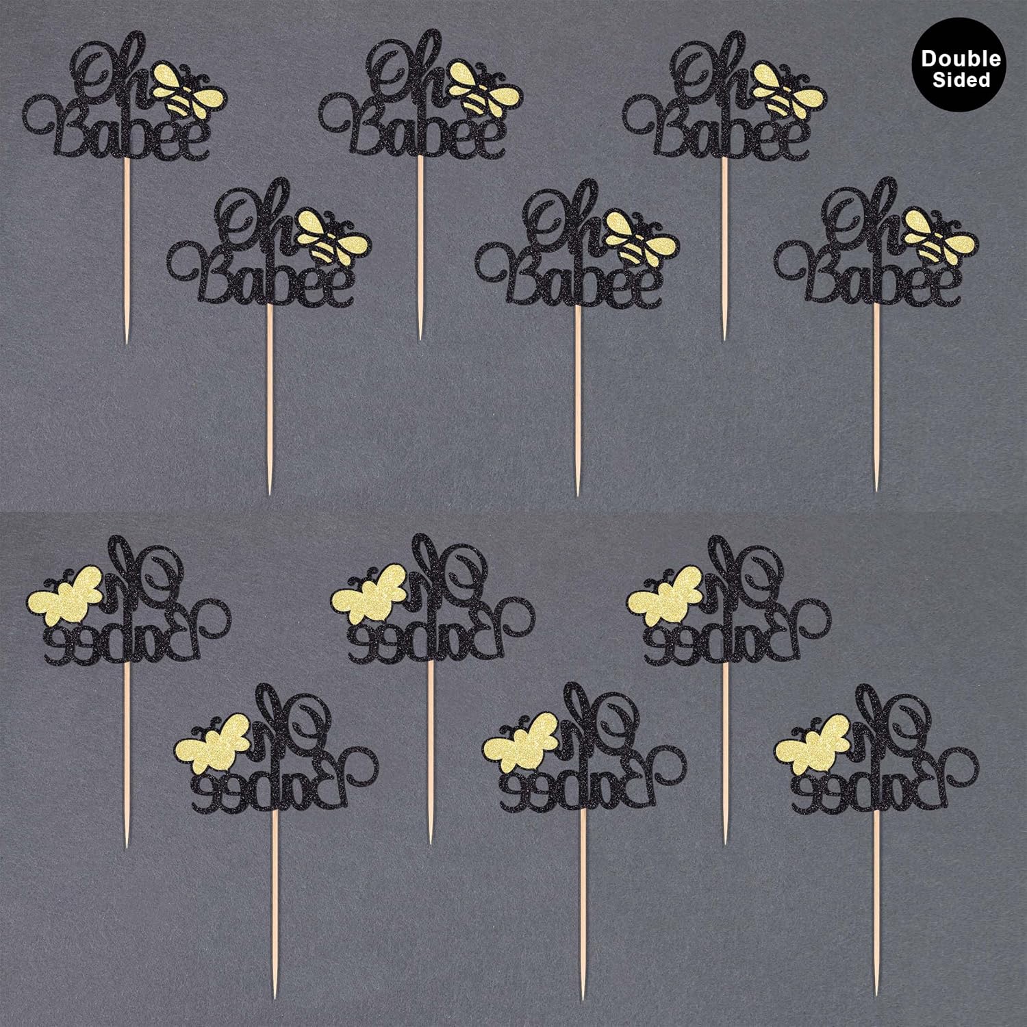 24 piezas Oh Babee para cupcakes con purpurina negra de doble cara Sweet Bumble Bee Baby Cupcake Picks Baby Shower para decoración de pasteles
