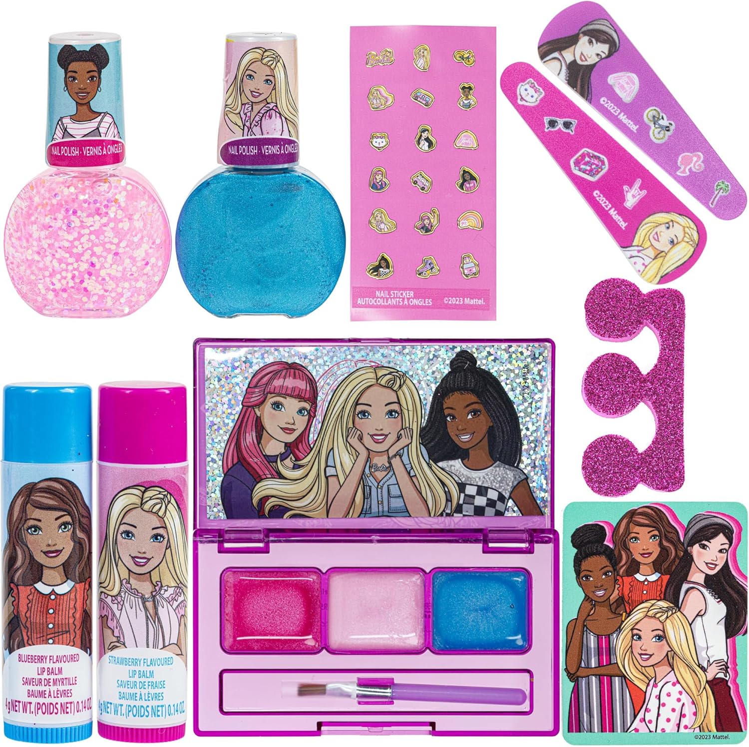 Barbie – Juego de mochila rellena de maquillaje Townley Girl con 12 piezas, incluye bálsamo labial, esmalte de uñas, lima de uñas, lazos para el