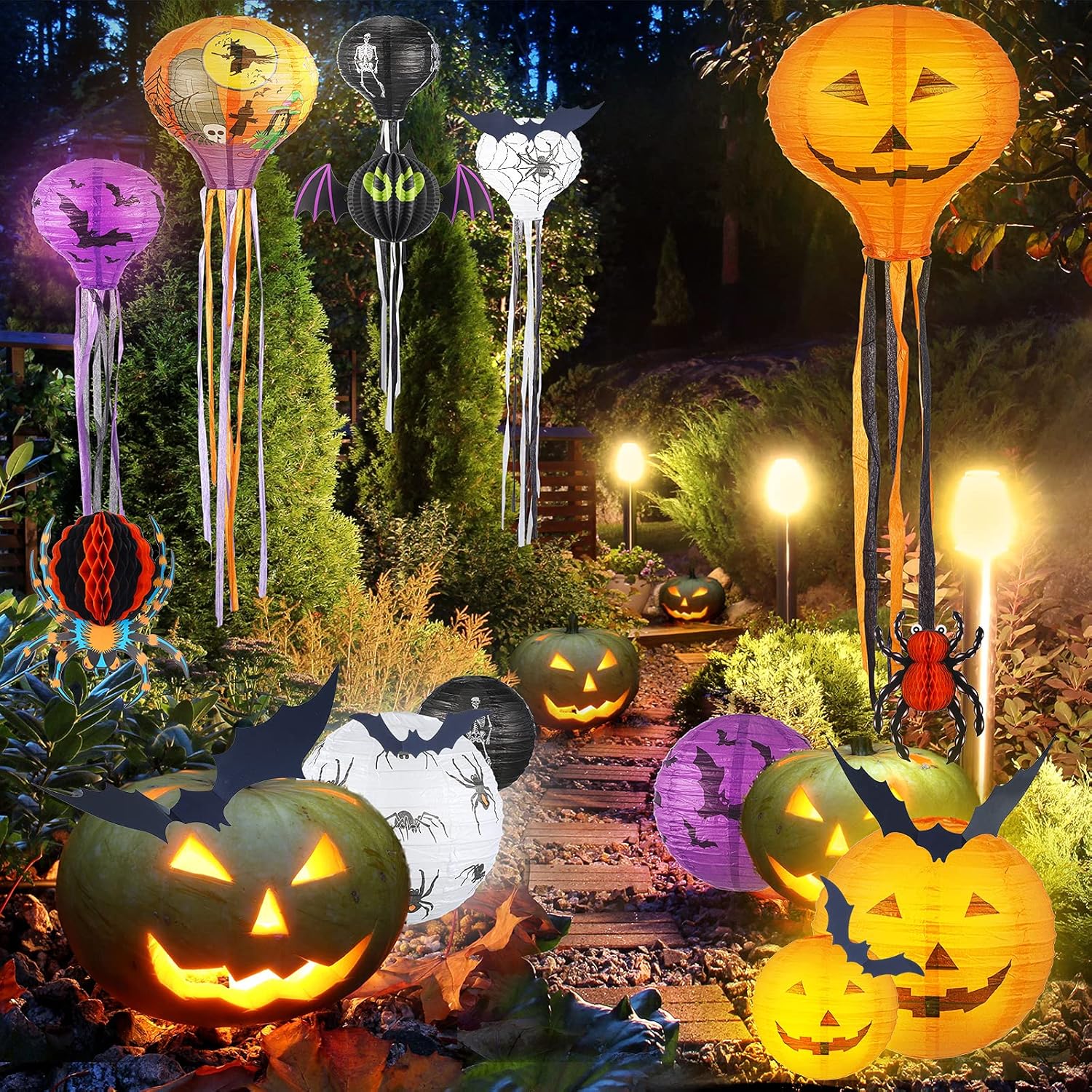 48 linternas de papel de decoración de Halloween, faroles de papel de esqueleto de calabaza, calcomanías de pared de murciélago 3D, arañas para