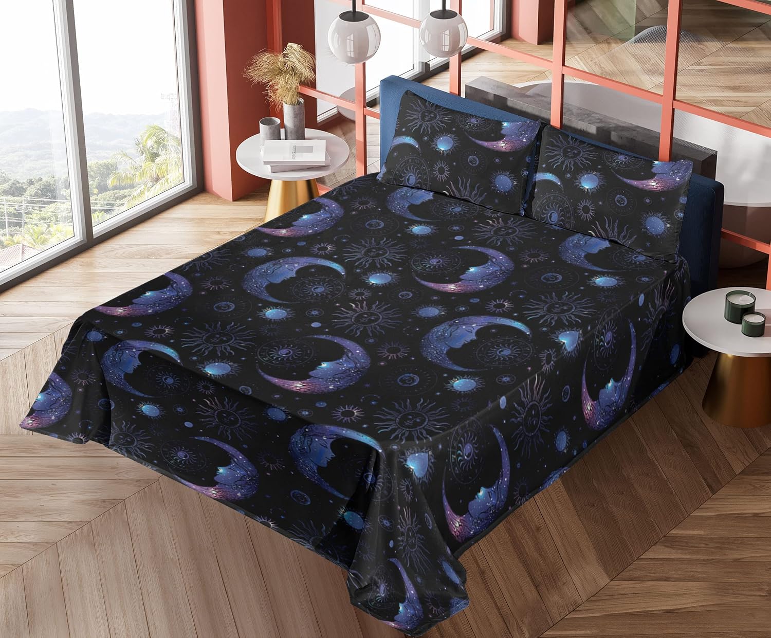 Ambesonne Moon Sheet Set, Galaxy Theme Sun and Crescent Sketch Pattern Modern Colors Boho Art, Fitted and Flat Sheet with Pillowcases Bedding Accent