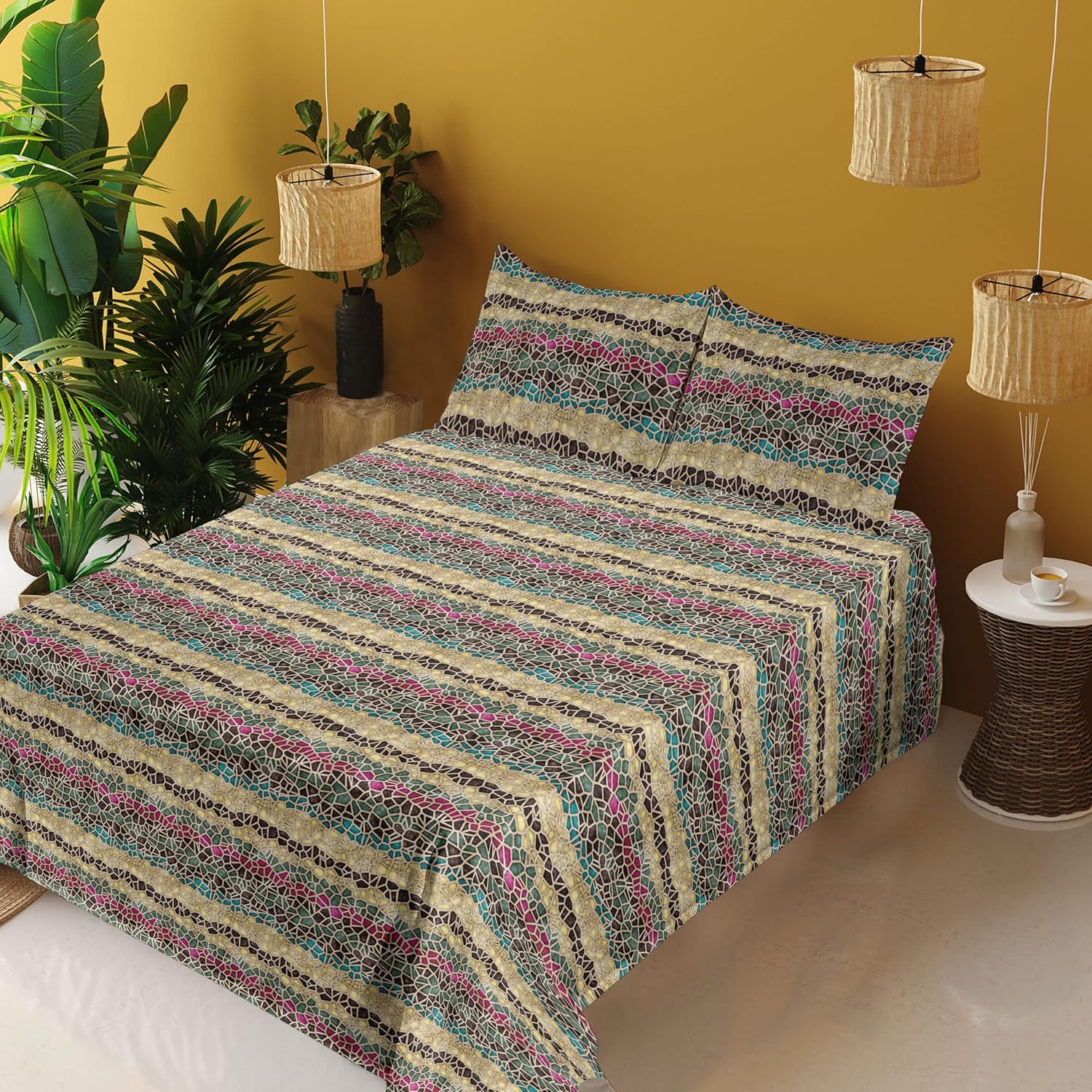 Ambesonne Contemporary Sheet Set, Lace Like Aged Motif Geometric Shapes Abstract Style of Illustration, Fitted and Flat Sheet with Pillowcases