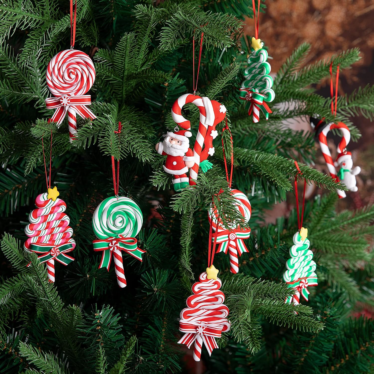 9 adornos de piruleta de Navidad, adorno de bastón de caramelo de árbol de Navidad, adornos decorativos de arcilla polimérica para decoración de
