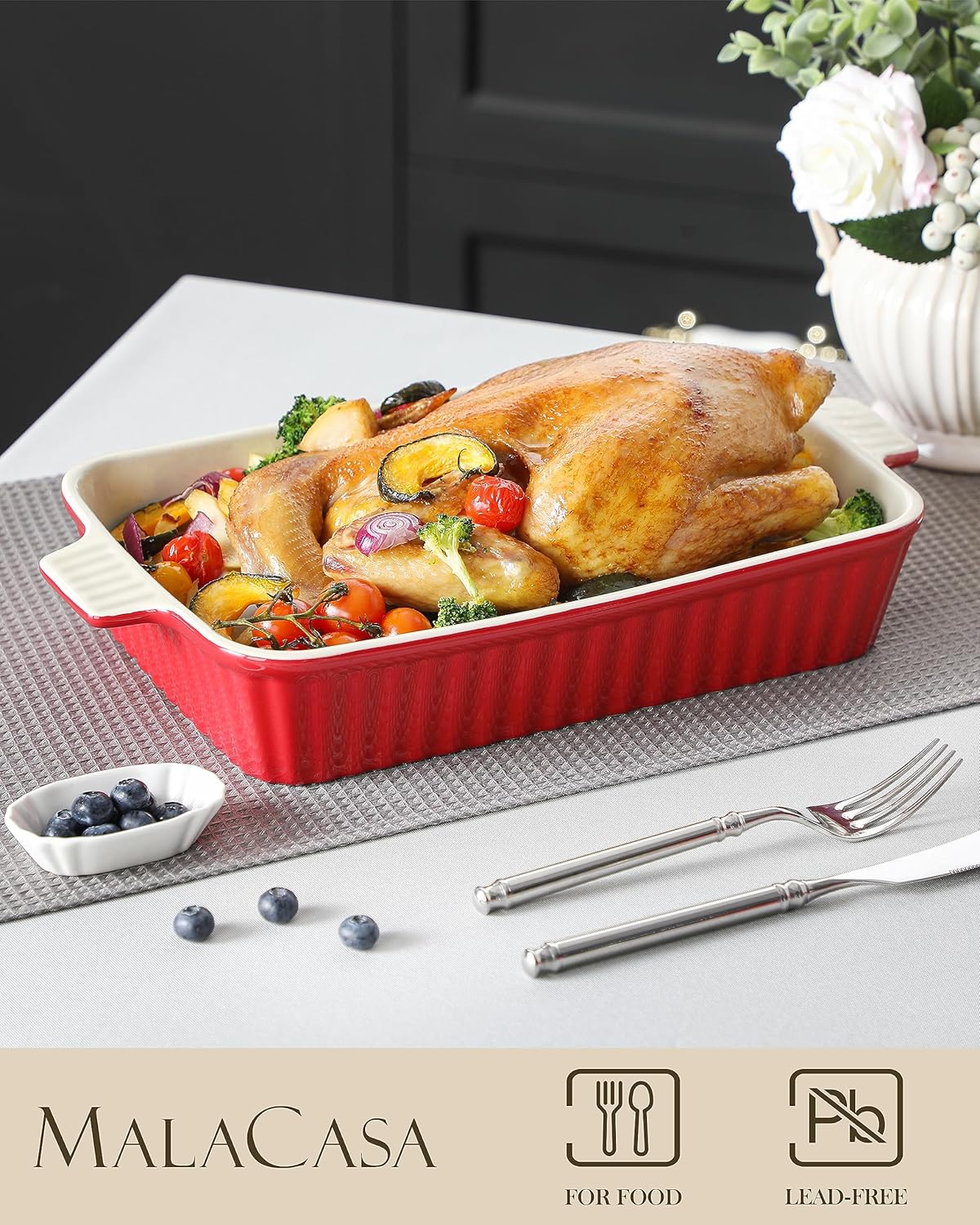 MALACASA Bandeja para hornear, cazuela para horno, bandeja de cerámica de 3 cuartos de galón, bandeja rectangular para lasaña profunda con asas para