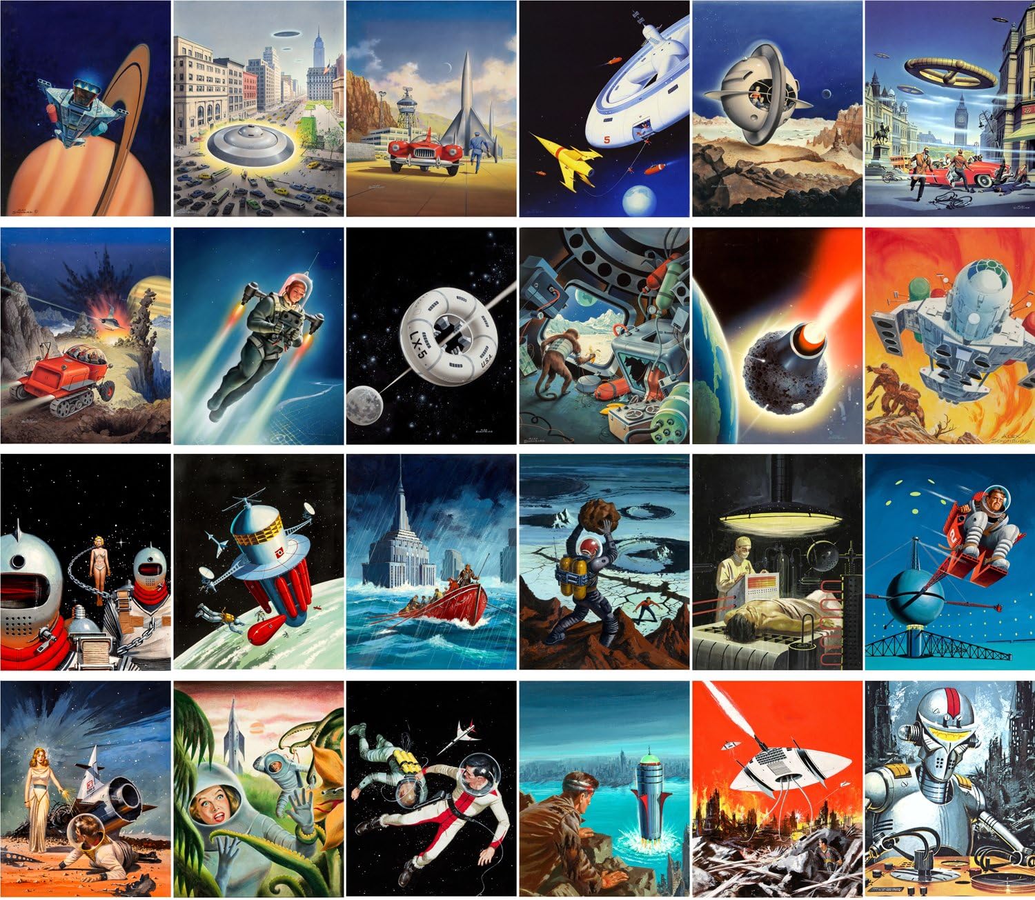 PIXILUV Postales vintage 24 piezas Vintage SciFi Pulp Fiction Cómic Magazine Art por Alex Schomburg Ed Valigursky