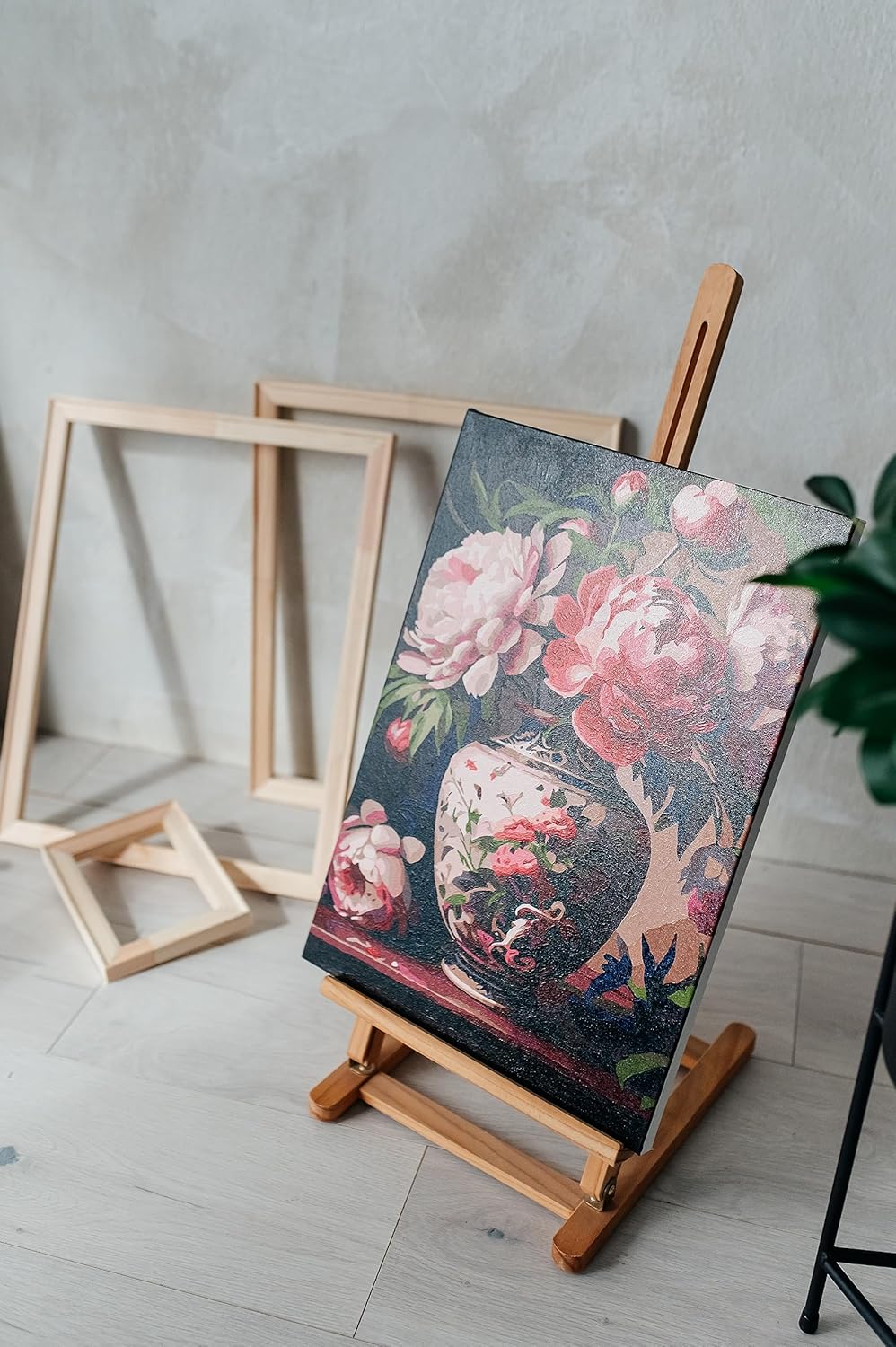 Omaart Kit de pintura por números para principiantes, lienzo enmarcado, bonito diseño de peonías, incluye lienzo enmarcado y estirado preimpreso,