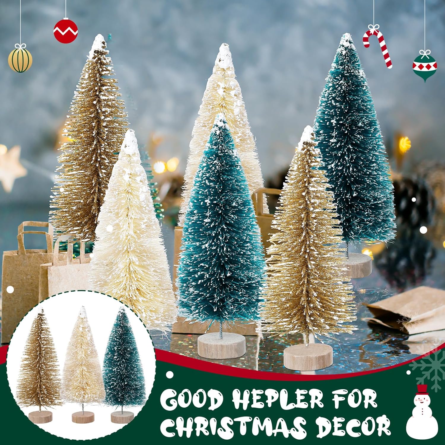 Yuxung 24 mini botellas de árbol de Navidad de 4 pulgadas, árboles artificiales de sisal esmerilado con base de madera para decoración de Navidad y