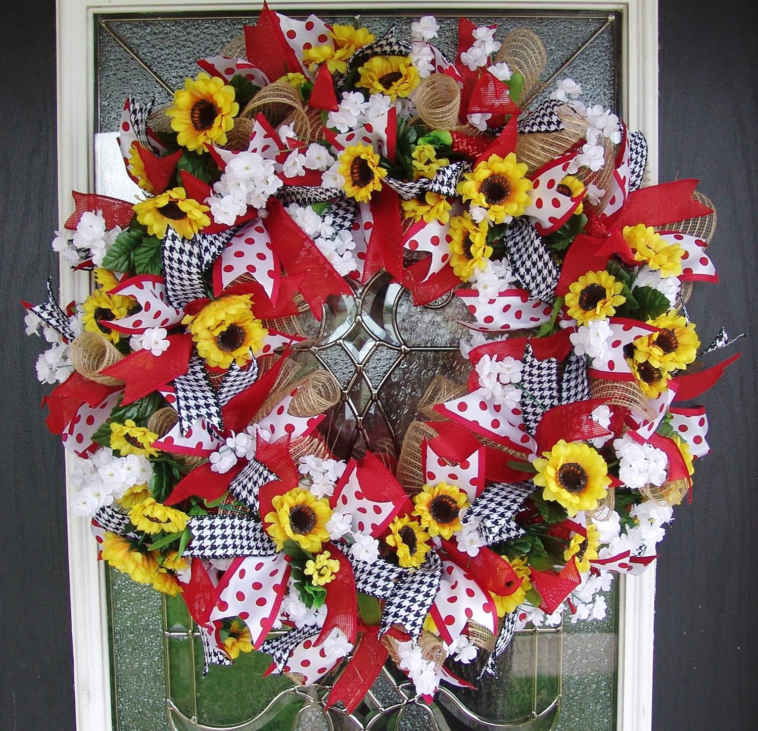 Bright Spring Summer Red Polka Dot Sunflower Deco Mesh Front Door Wreath, Porch Patio Decor, Indoor Outdoor Decoration