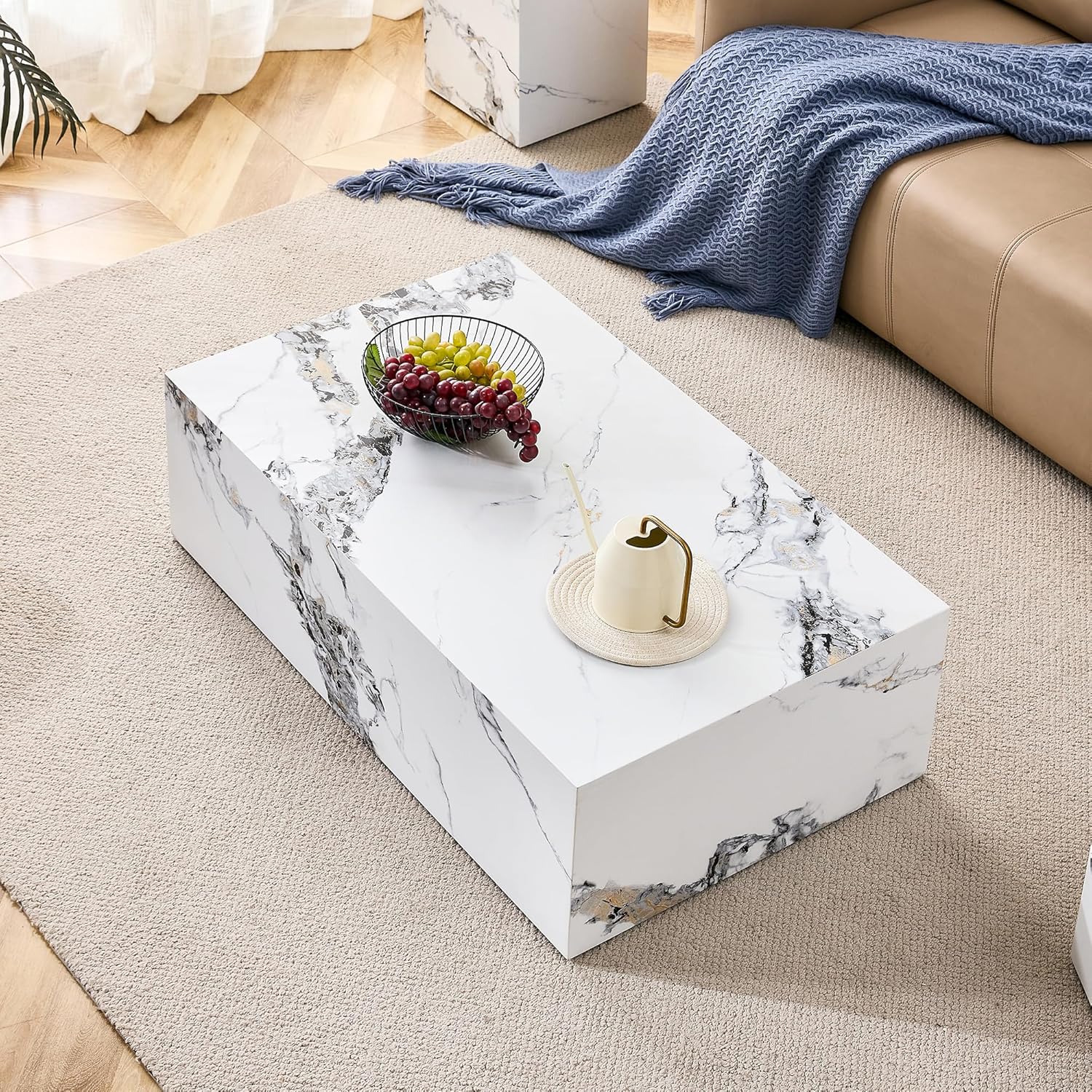 Mesa de centro moderna de mármol, mesa central rectangular de madera con patrón de mármol para sala de estar, mesa de cóctel contemporánea para el
