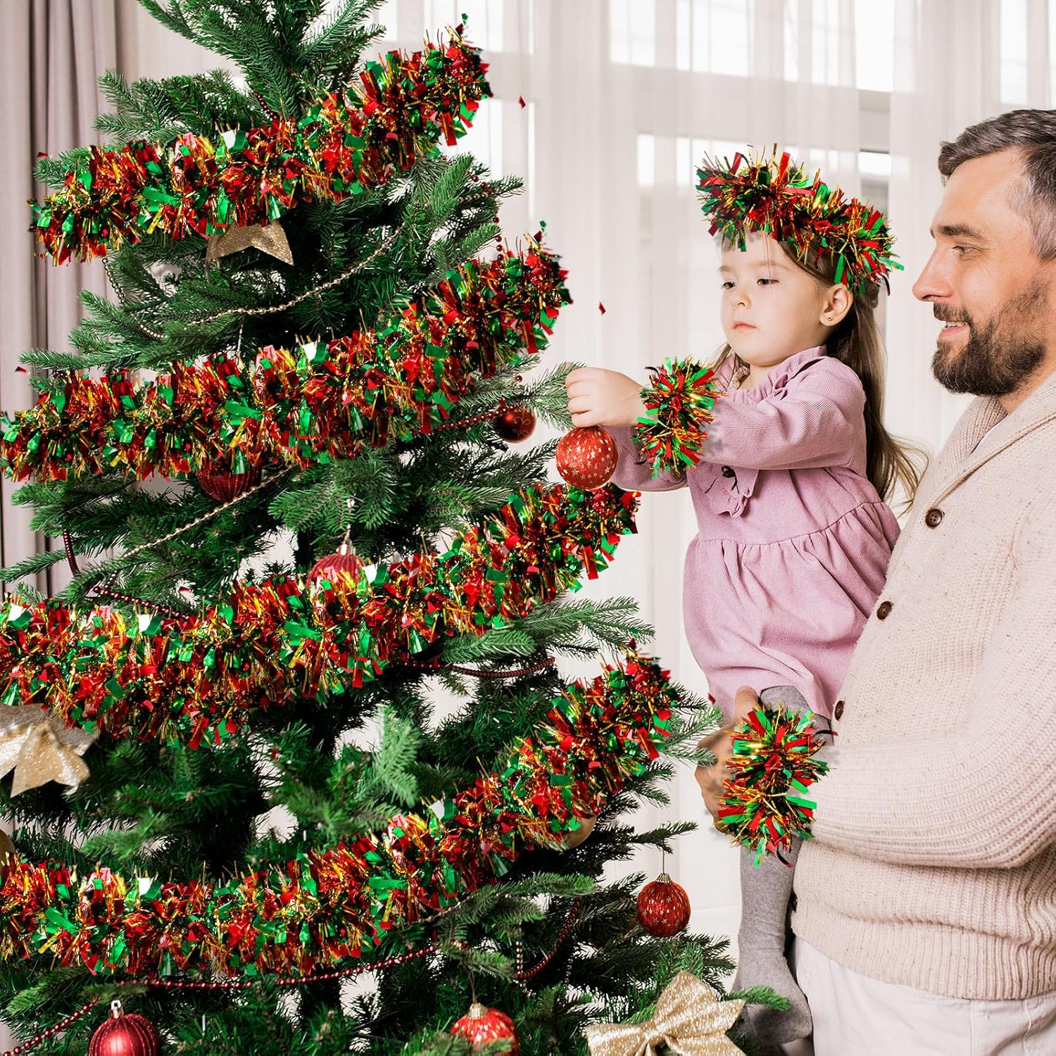 Guirnalda de oropel de Navidad, guirnalda de Navidad artificial, guirnalda metálica para colgar en chimenea, mantel de chimenea, decoración de