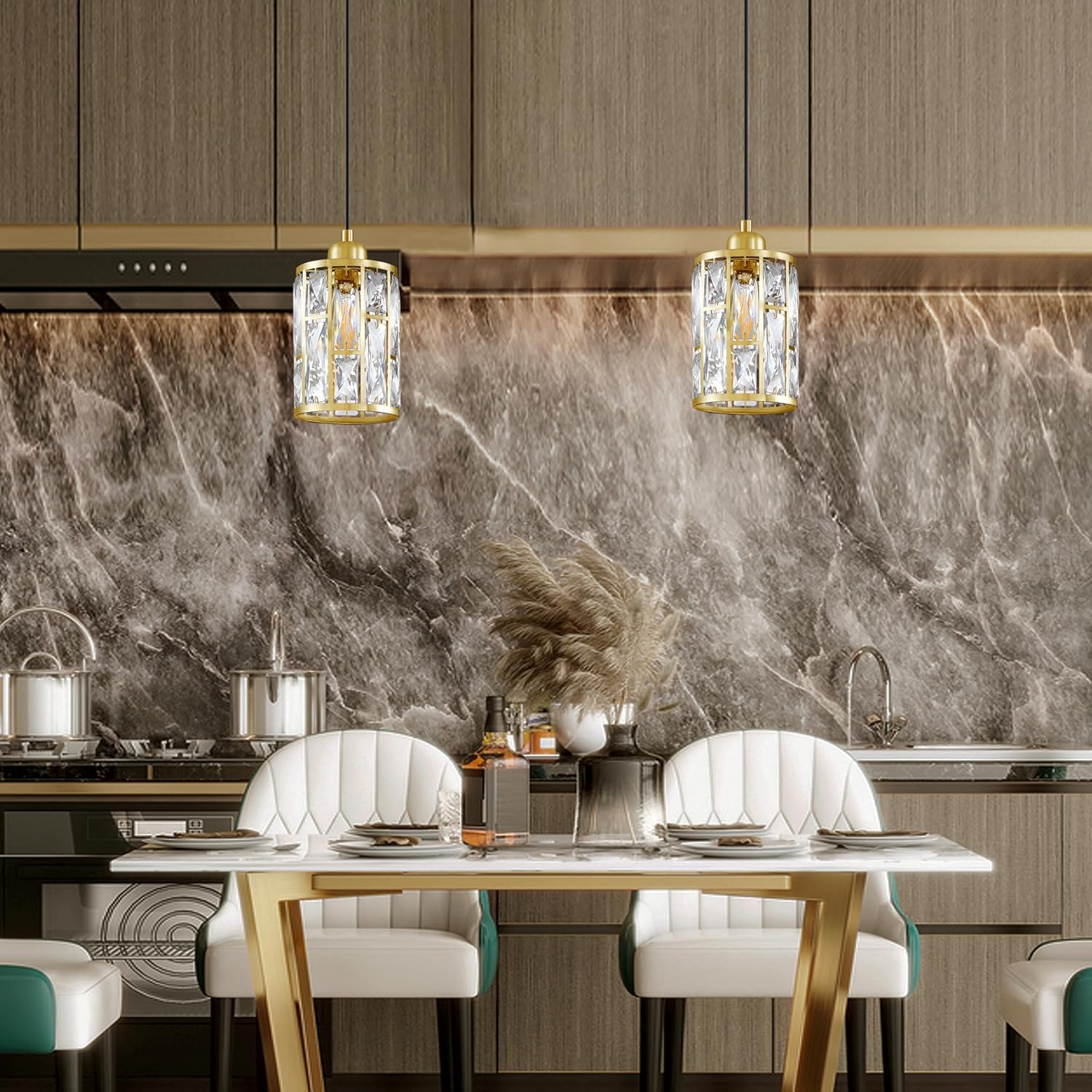 Paquete de 3 colgantes de isla de cocina con pantalla de cristal de 5.4 pulgadas, acabado dorado claro, moderno con pantalla de metal de cristal