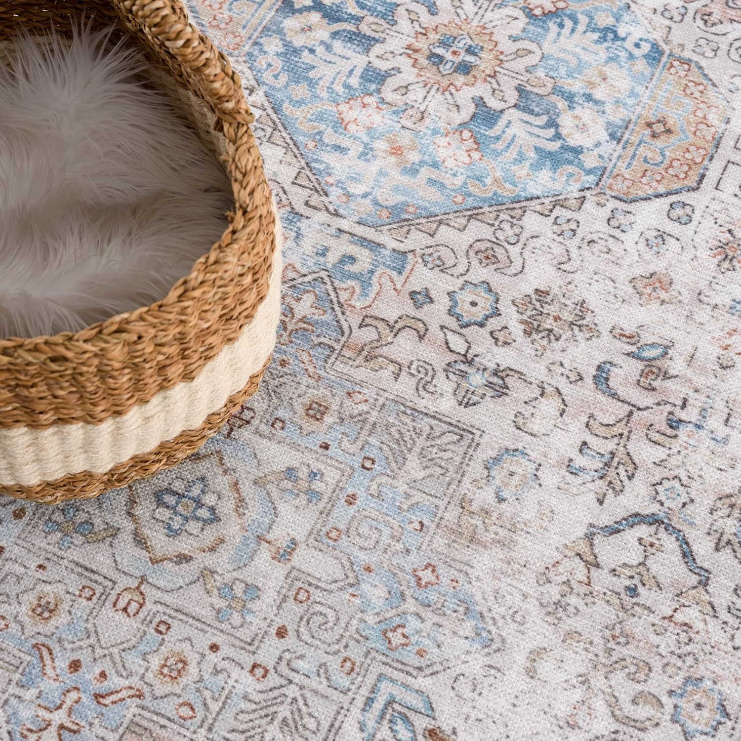 Bloom Rugs – Alfombra caminera Caria lavable, antideslizante, de 3,66 m, color beige y azul océano, para entrada, pasillo, baño y cocina, tamaño