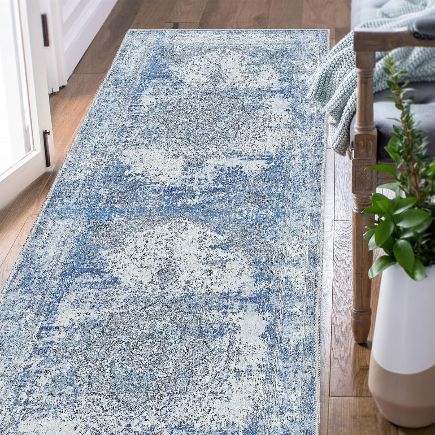 jinchan Alfombra de pasillo lavable de 3 x 10 pulgadas, estilo vintage, envejecida, para interiores, delgada, tradicional, con estampado floral,