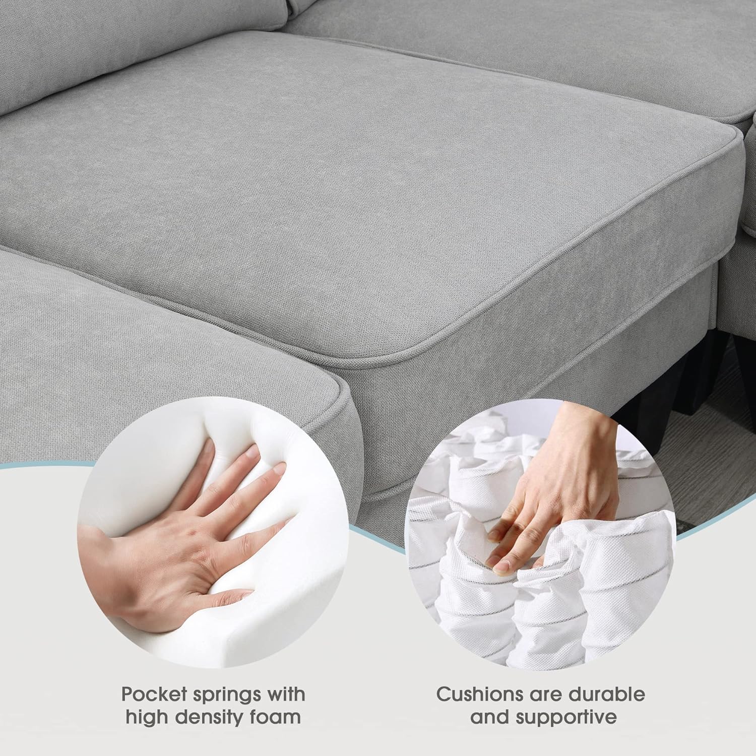 Sofá modular modular en forma de U de 7 asientos para sala de estar, apartamento, oficina con 3 almohadas, 108 pulgadas, gris claro