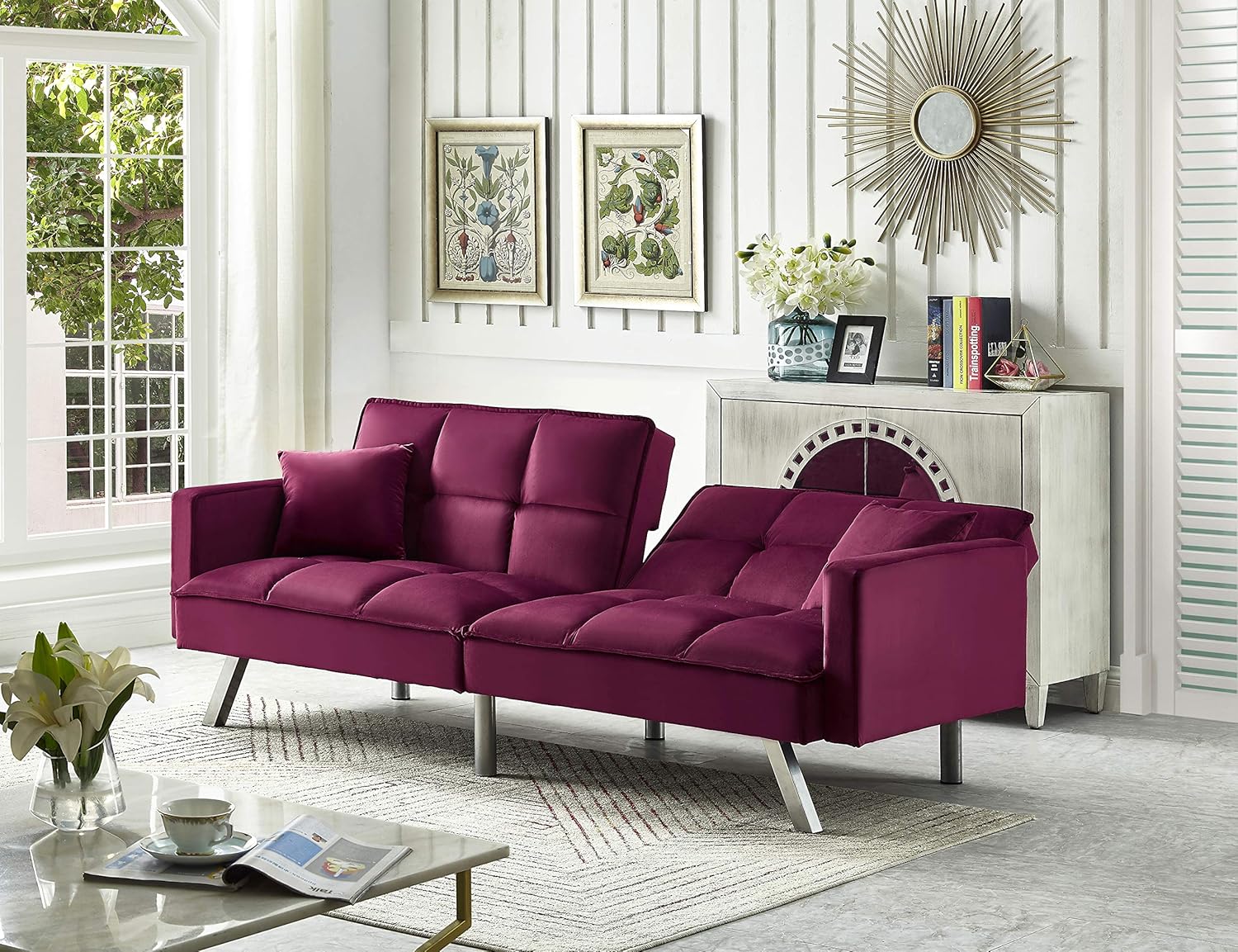 Legend Vansen – Sofá cama convertible de madera y terciopelo de 80 pulgadas, color rojo
