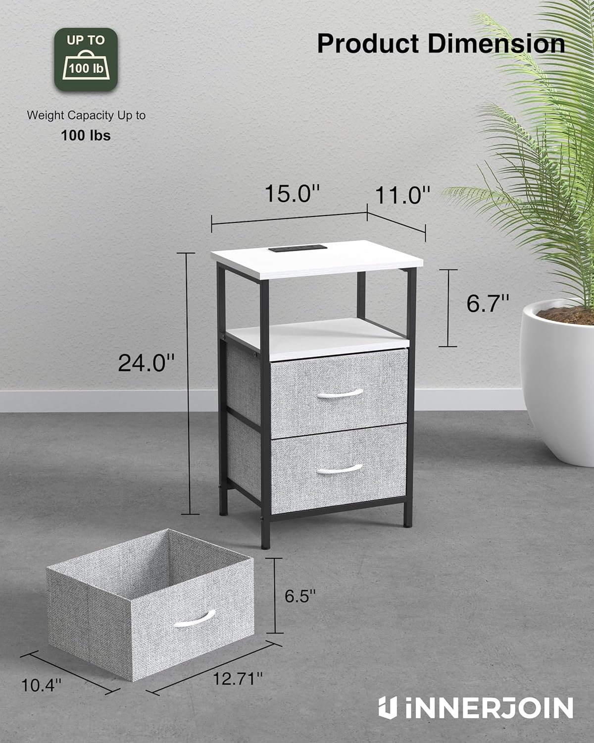 Innerjoin Mesita de noche con estación de carga puertos USB A y C, mesita de noche LED con 2 cajones y estante de almacenamiento, soporte de cama