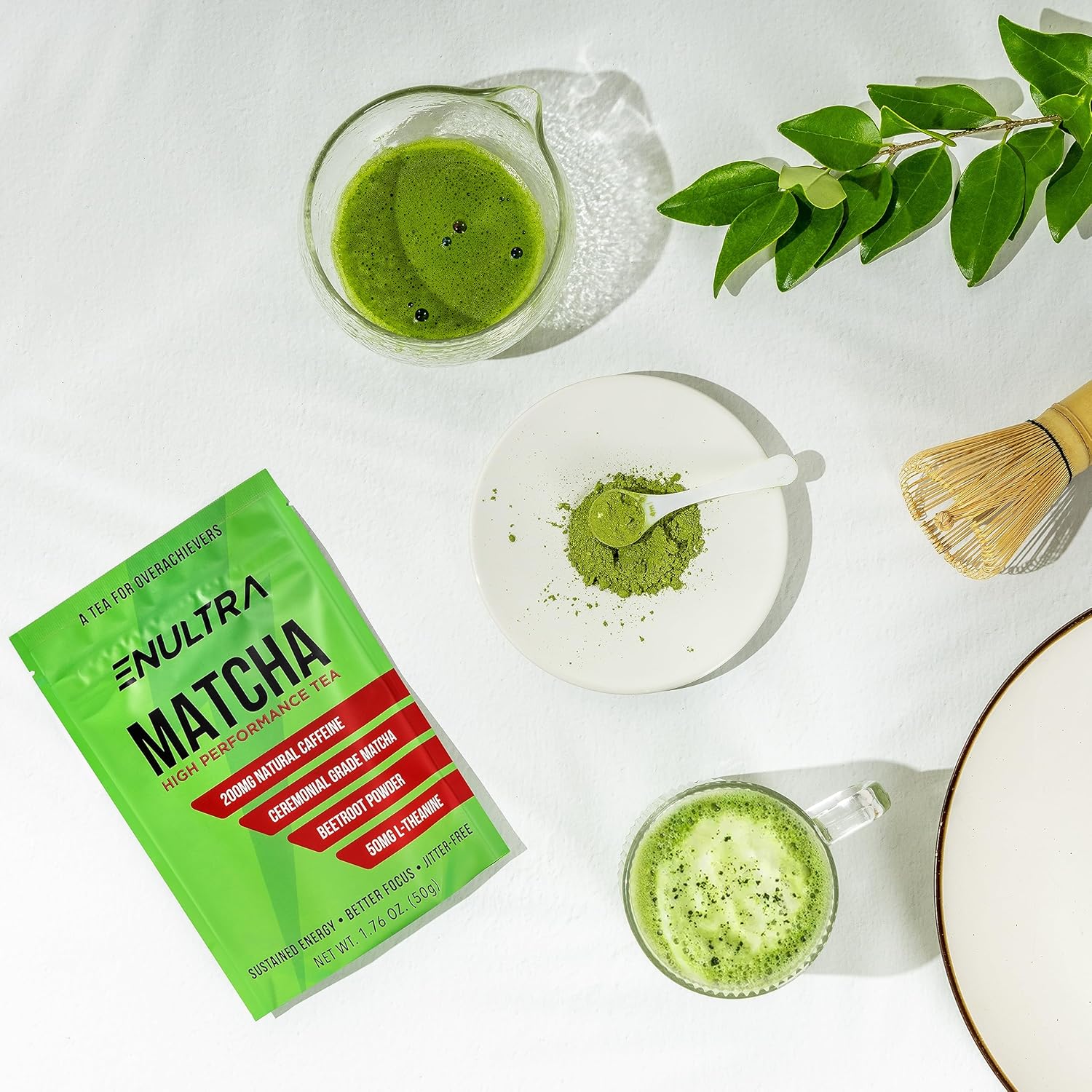 ENULTRA Té Matcha con alto contenido de cafeína, té de energía natural con remolacha, polvo de té verde matcha de grado ceremonial, 200 mg de