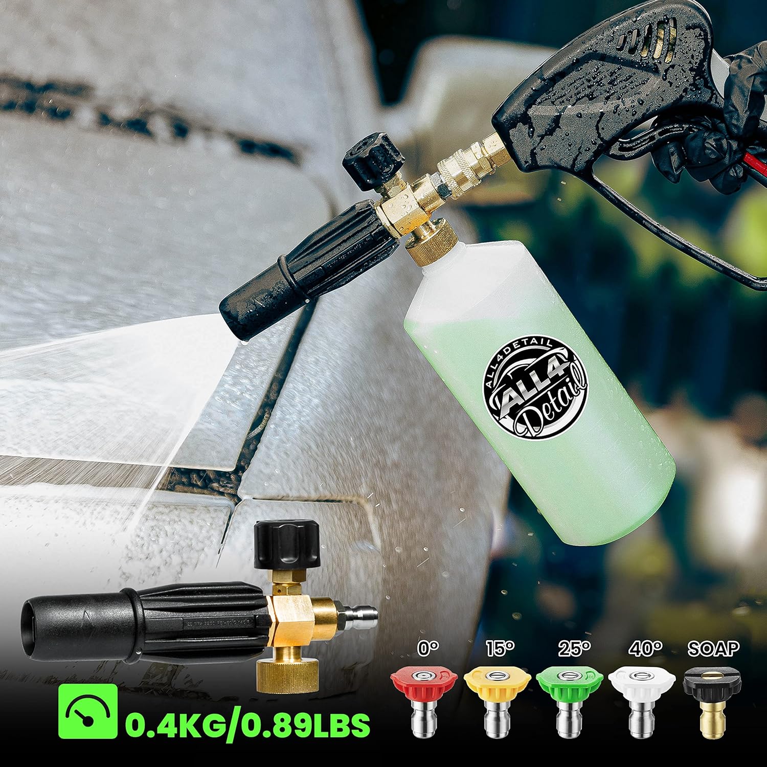 ALL4DETAIL Cañón de espuma prémium con pistola de lavado a presión de 5000 PSI, pistola de lavado eléctrico con conector rápido de 14 pulgadas, 5