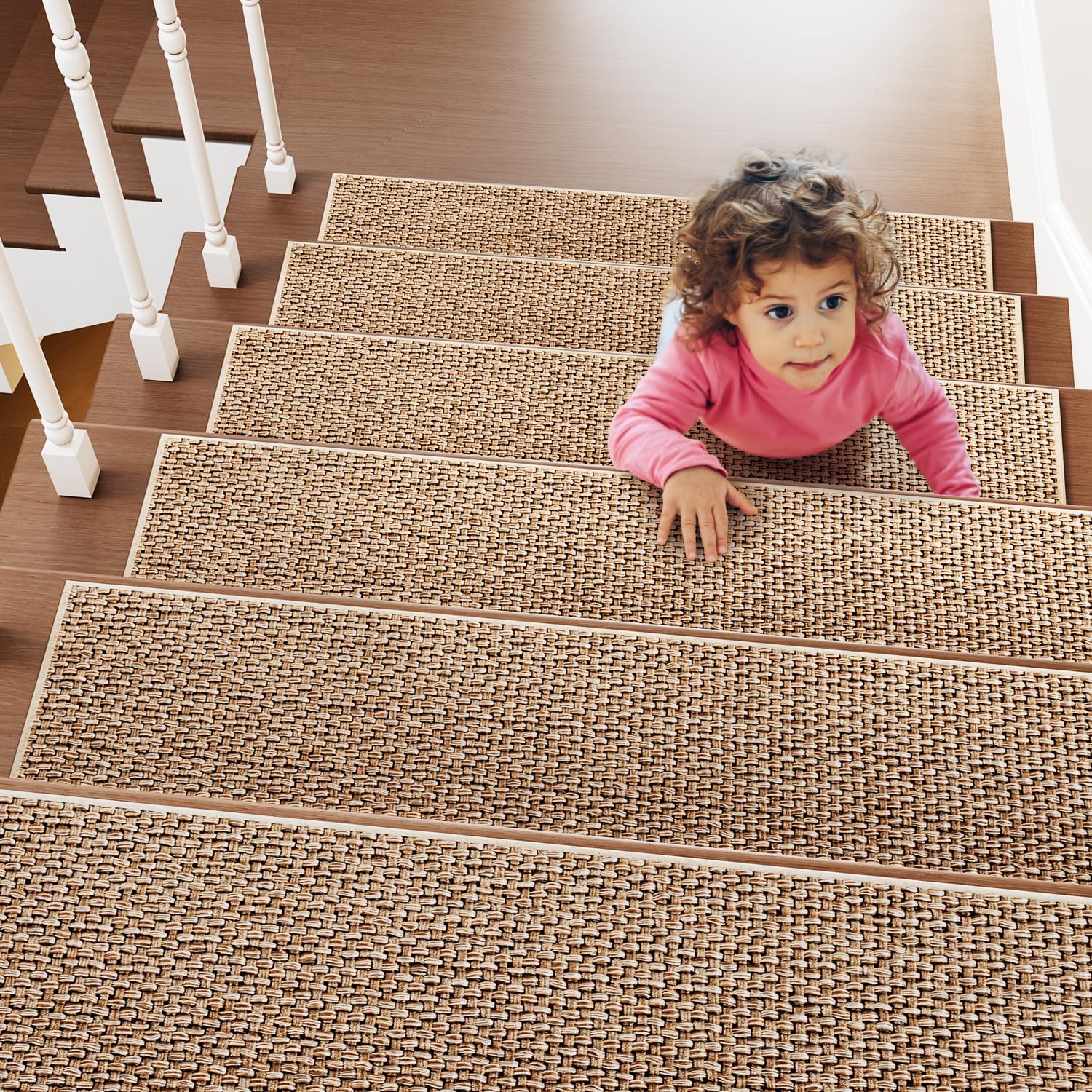 PADOOR Peldaños de escalera antideslizantes, con respaldo de goma para peldaños de madera, 7 alfombras sin residuos para niños y perros, 8 x 30