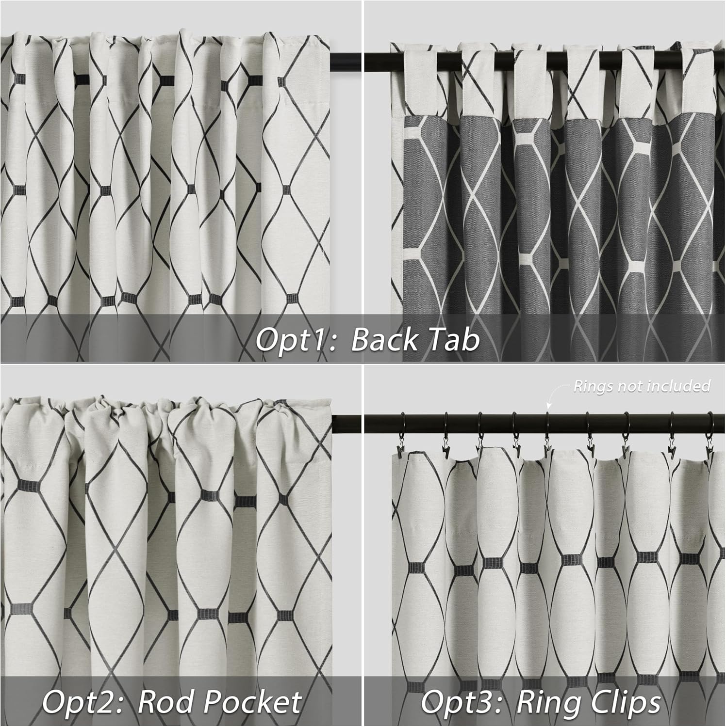 Cortinas de oscurecimiento de habitación con patrón gómetrico negro de 96 pulgadas de largo para sala de estar, juego de 2 paneles, decoración