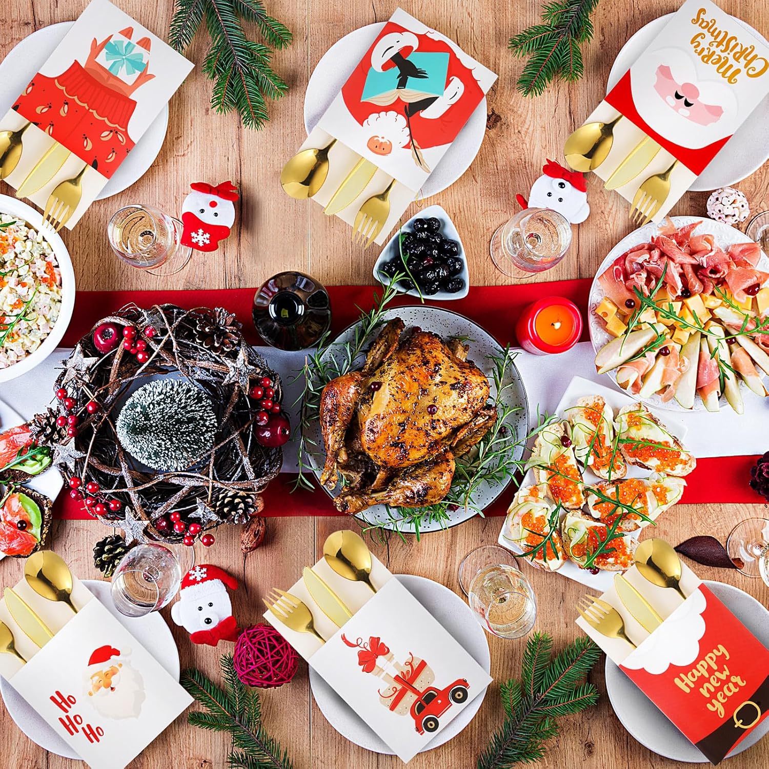 48 soportes para cubiertos de Papá Noel de Navidad, con bolsillos, soporte para cubiertos de Navidad, bolsas, cuchillos, tenedores, bolsa para