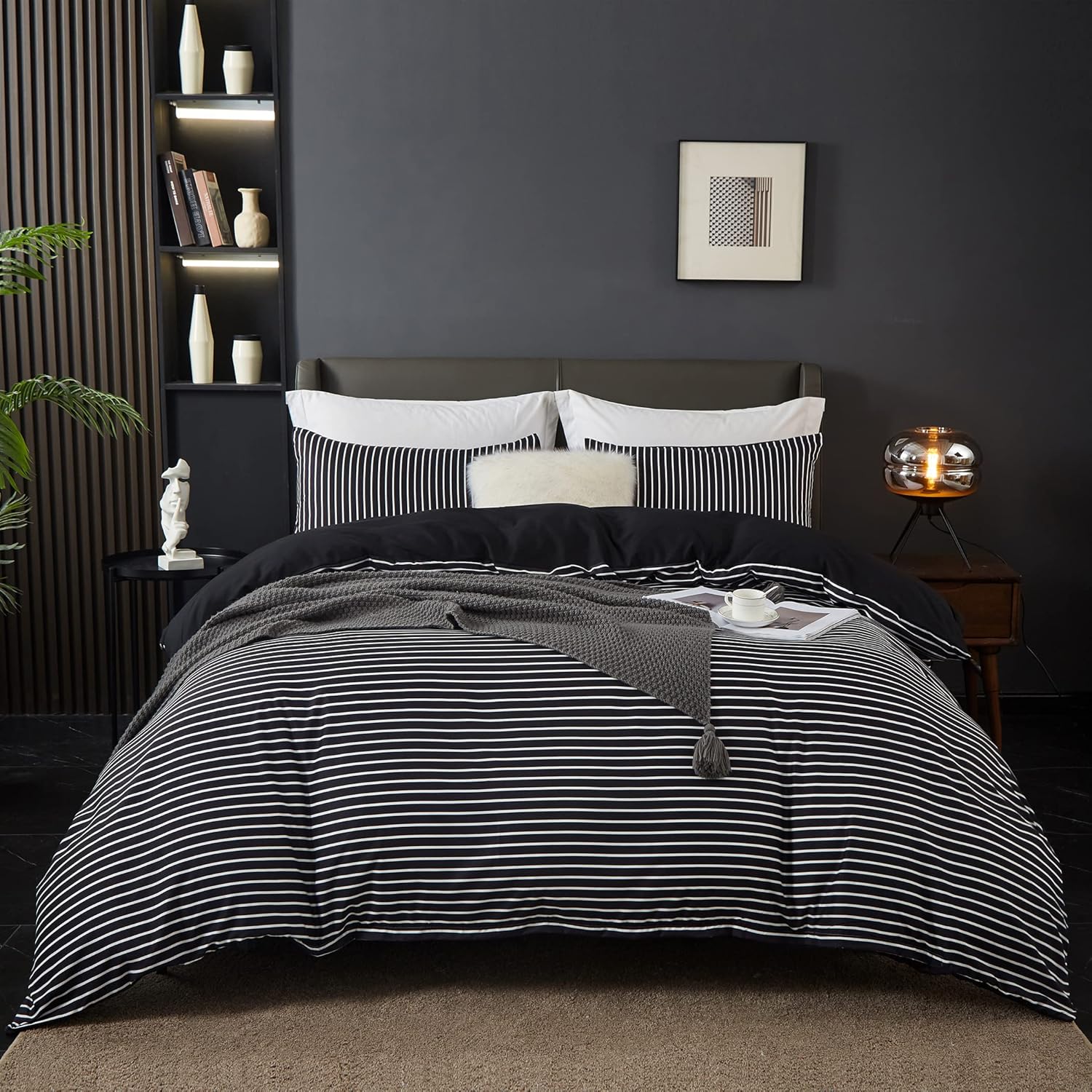 MOCAHOME Juego de funda de edredón tamaño individual, rayas impresas, ropa de cama suave de 3 piezas, 1 funda de edredón + 2 fundas de almohada