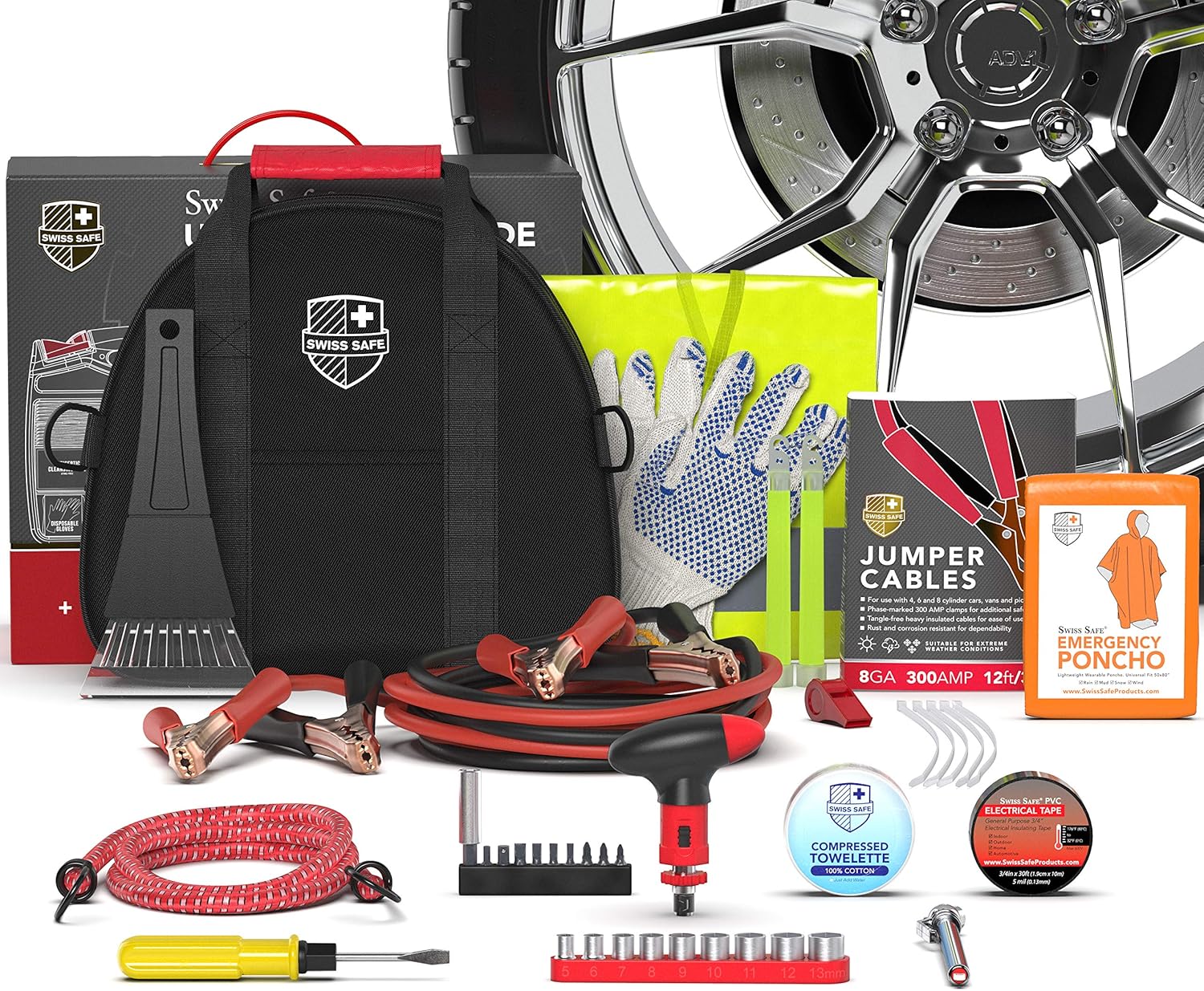 Swiss Safe Kit de emergencia 2 en 1 para vehículos  Kit de herramientas de seguridad compacto y portátil con bolsa de viaje + kit de primeros