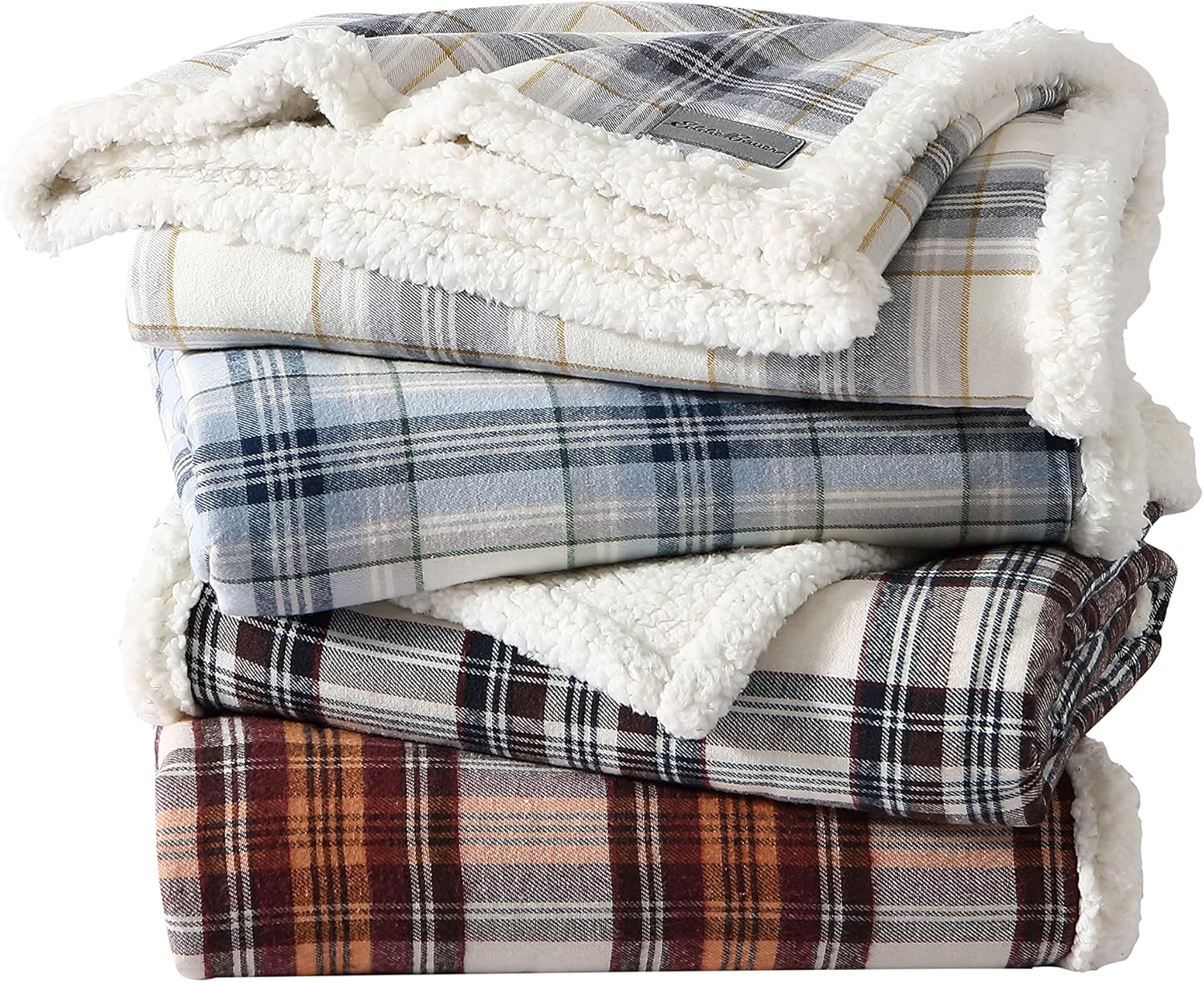 Eddie Bauer Manta decorativa de franela de algodón para el hogar, ropa de cama reversible de sherpa para todas las estaciones, a cuadros, azul