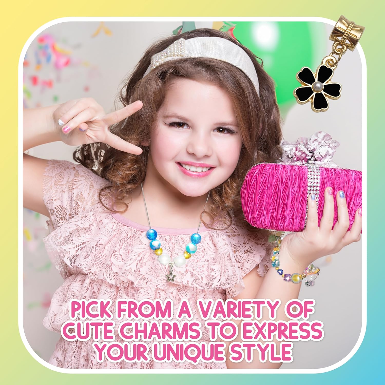 CharmWow – Kit de joyería para niñas de 6 a 8 años + con cuentas brillantes, kit de fabricación de joyas para niñas de 8 a 12 años, regalo para
