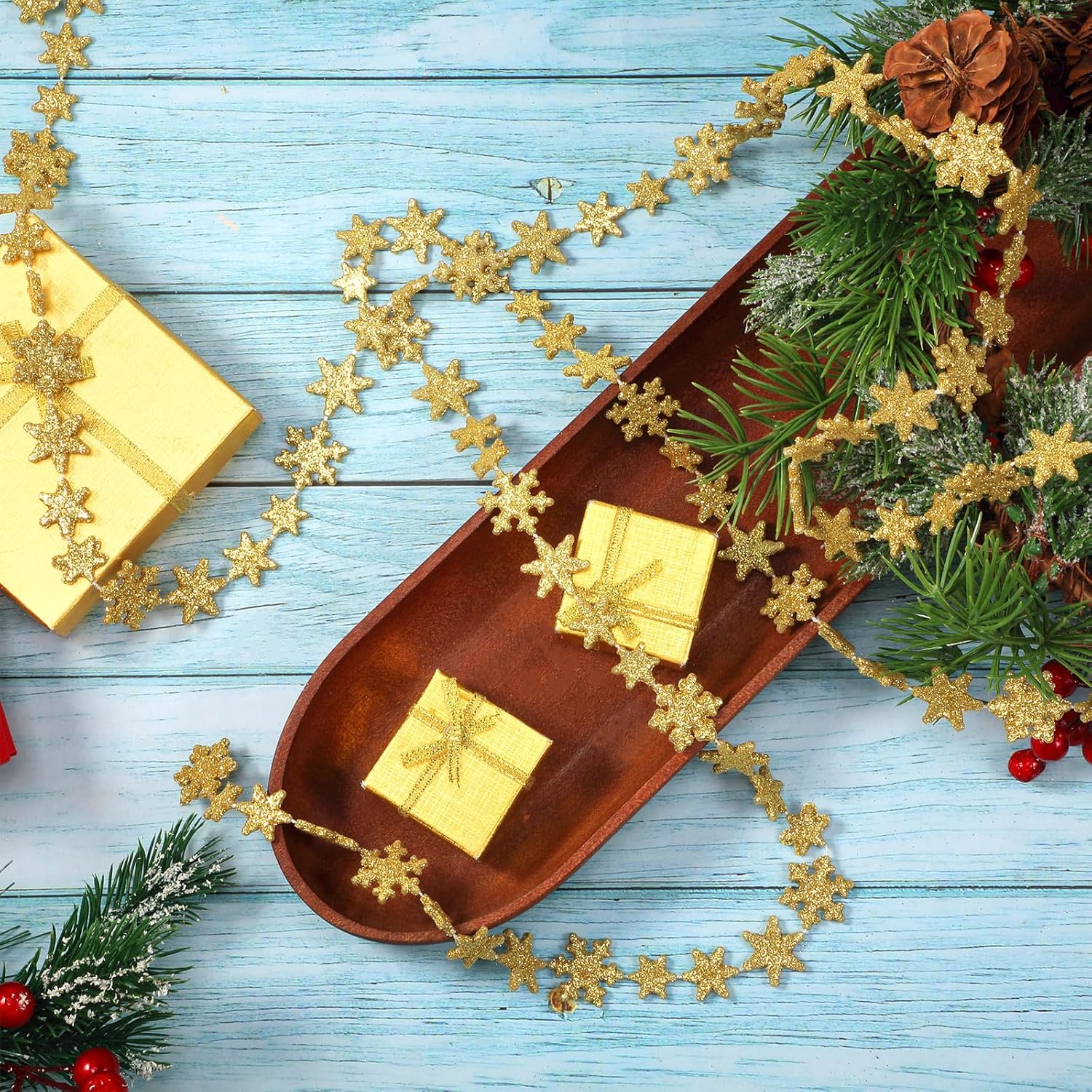 Boao Decoración de copo de nieve colgante de Navidad de 32.8 pies, guirnalda de copos de nieve de invierno con purpurina, adornos para árbol de