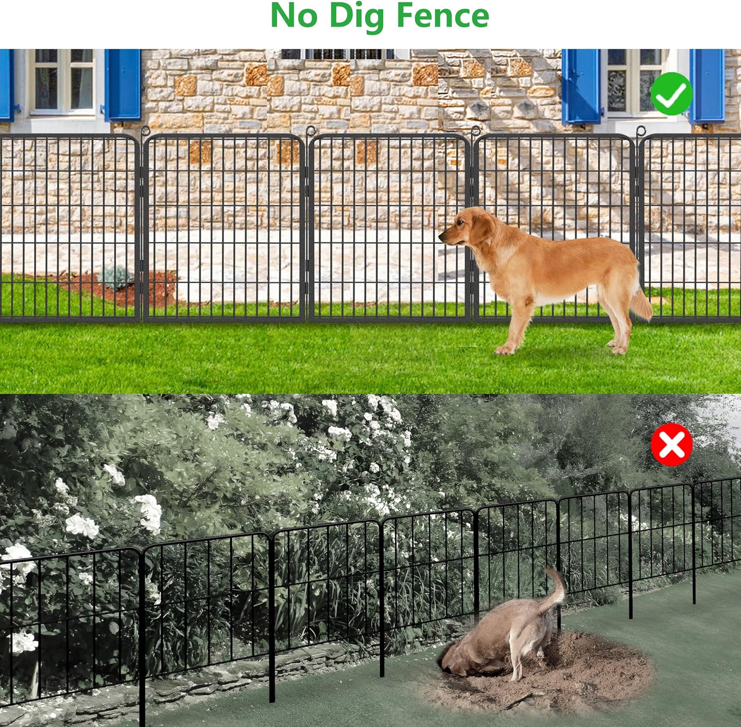 Valla decorativa de metal para jardín con puerta, 32 pulgadas de alto x 64 pies de largo, valla sin excavación, 24 paneles para perros, valla de