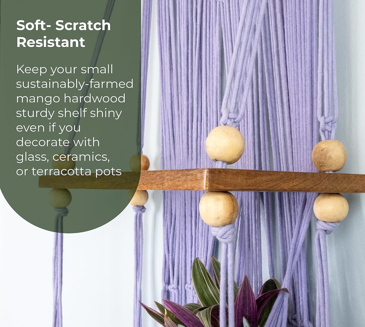 Estante para colgar en la pared de madera dura y macramé (lavanda)  1 estante y 2 ganchos para macetas de 4 pulgadas  de origen sostenible, 17 x