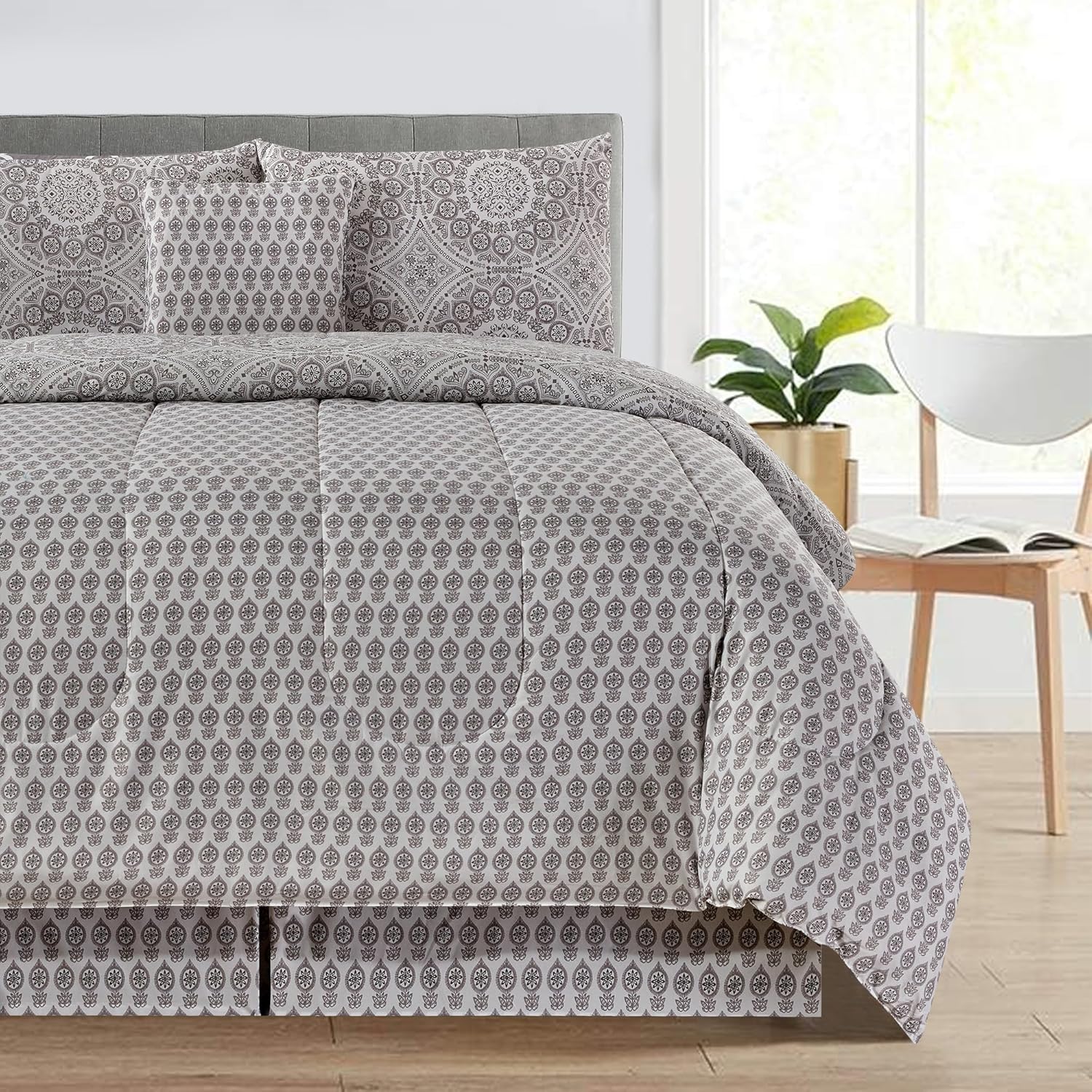 Juego de edredón de 5 piezas tamaño Queen  Reversible estampado azteca gris  Juego de ropa de cama para todas las estaciones, edredón acolchado