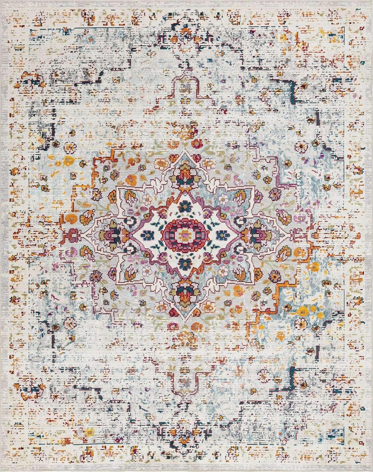 Unique Loom Charm Collection – Alfombra de área moderna, bohemia, envejecida, borde, 9′ 0″ x 12′ 0″, marfilazul