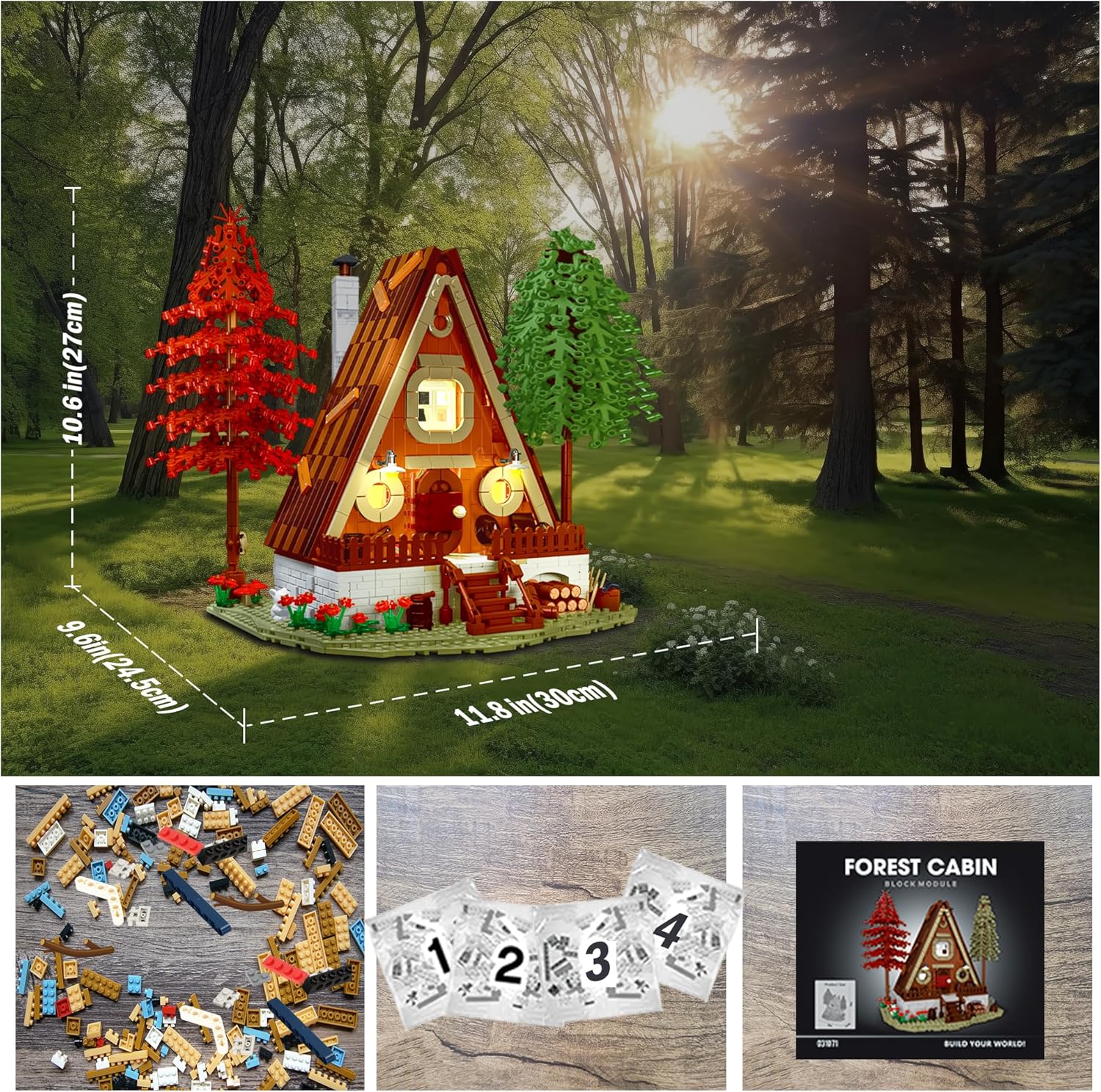 MOC – Juego de construcción de cabaña de madera con luces LED, MOC Villa Chalet Construcción, Kit de construcción de casa de cabaña con iluminación