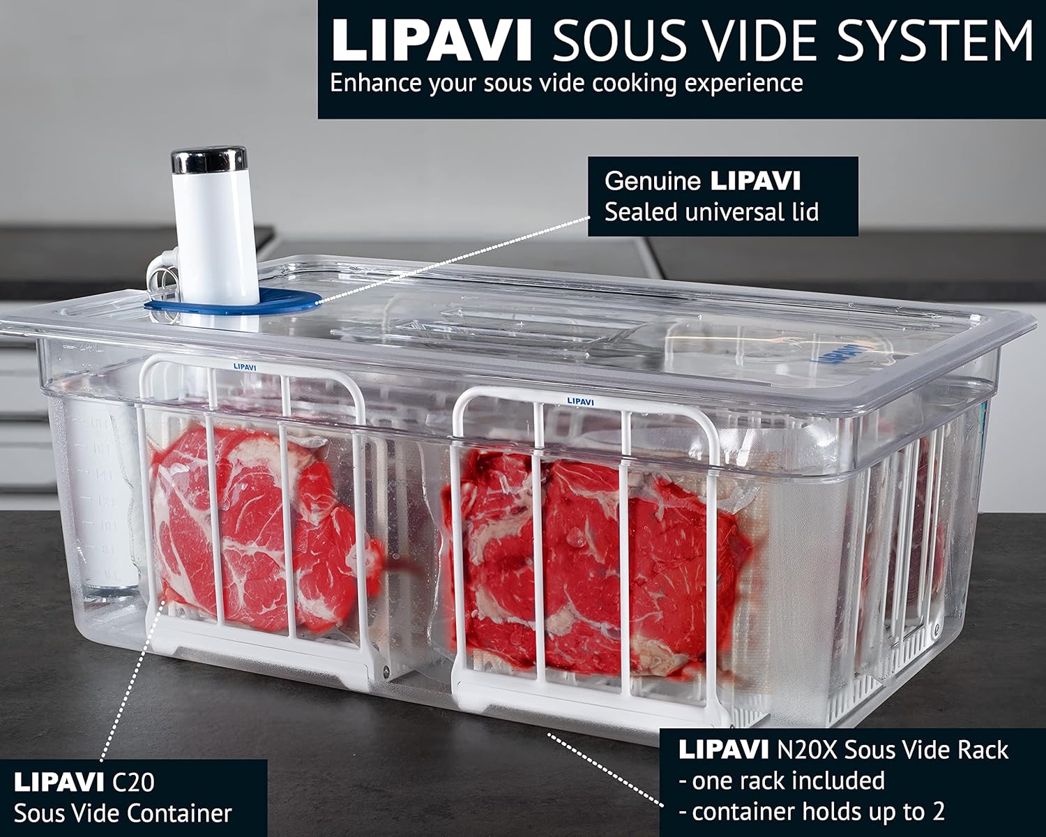LIPAVI Sistema Sous Vide Modelo NXC20-UNIR – con contenedor C20, un rack N20X y una tapa universal – se adapta a prácticamente cualquier máquina