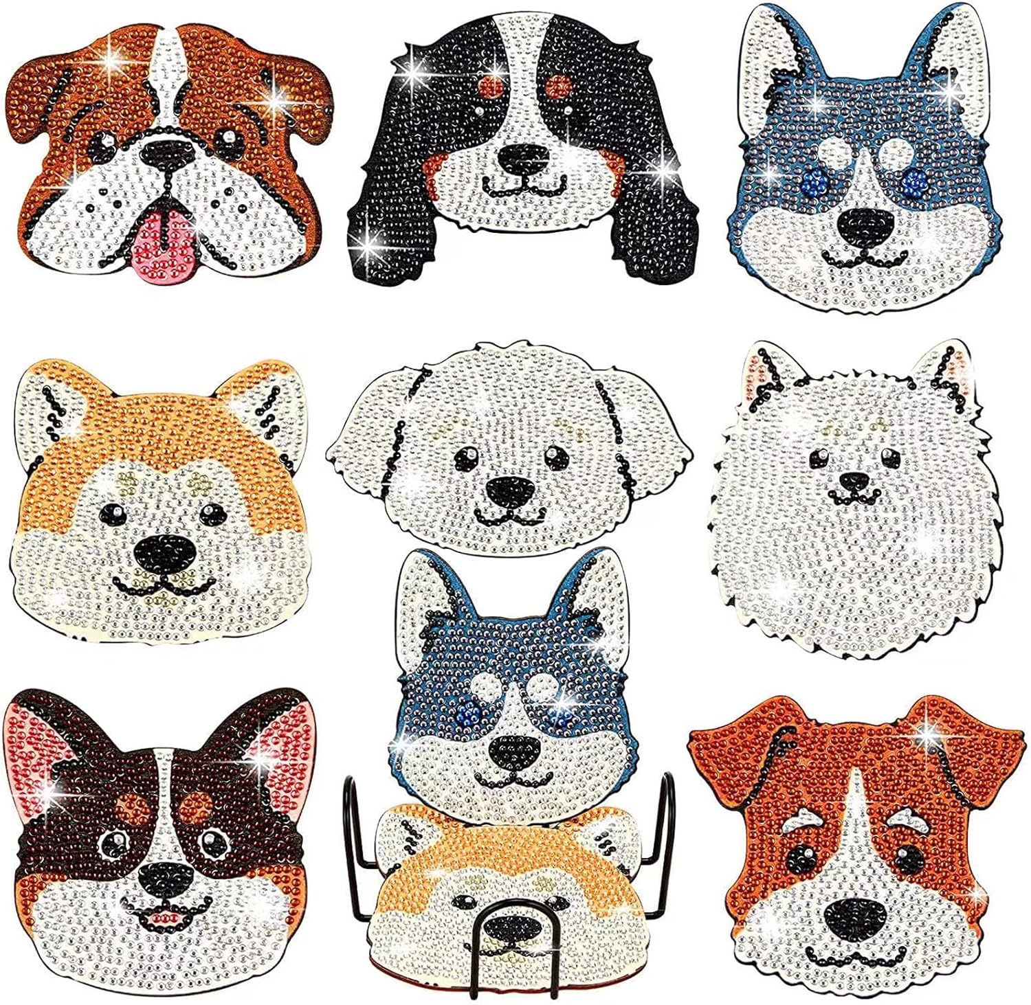 8 posavasos de pintura de diamante en forma de perro para bebidas, kits de pintura de diamantes para perros de mascotas con soporte, posavasos de