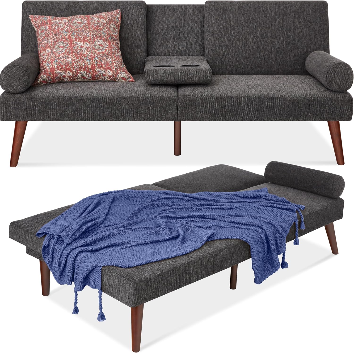Best Choice Products Futón tapizado de tela, sofá cama plegable convertible para espacio de vida compacto, apartamento, dormitorio con reposabrazos