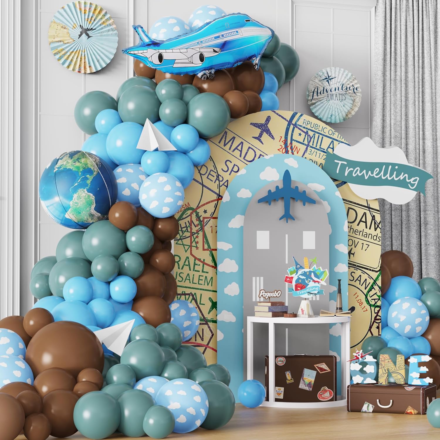 PageebO Kit de arco de globos de fiesta temática de viaje, 131 globos de café azul polvoriento con globo plano de aluminio para que comience la