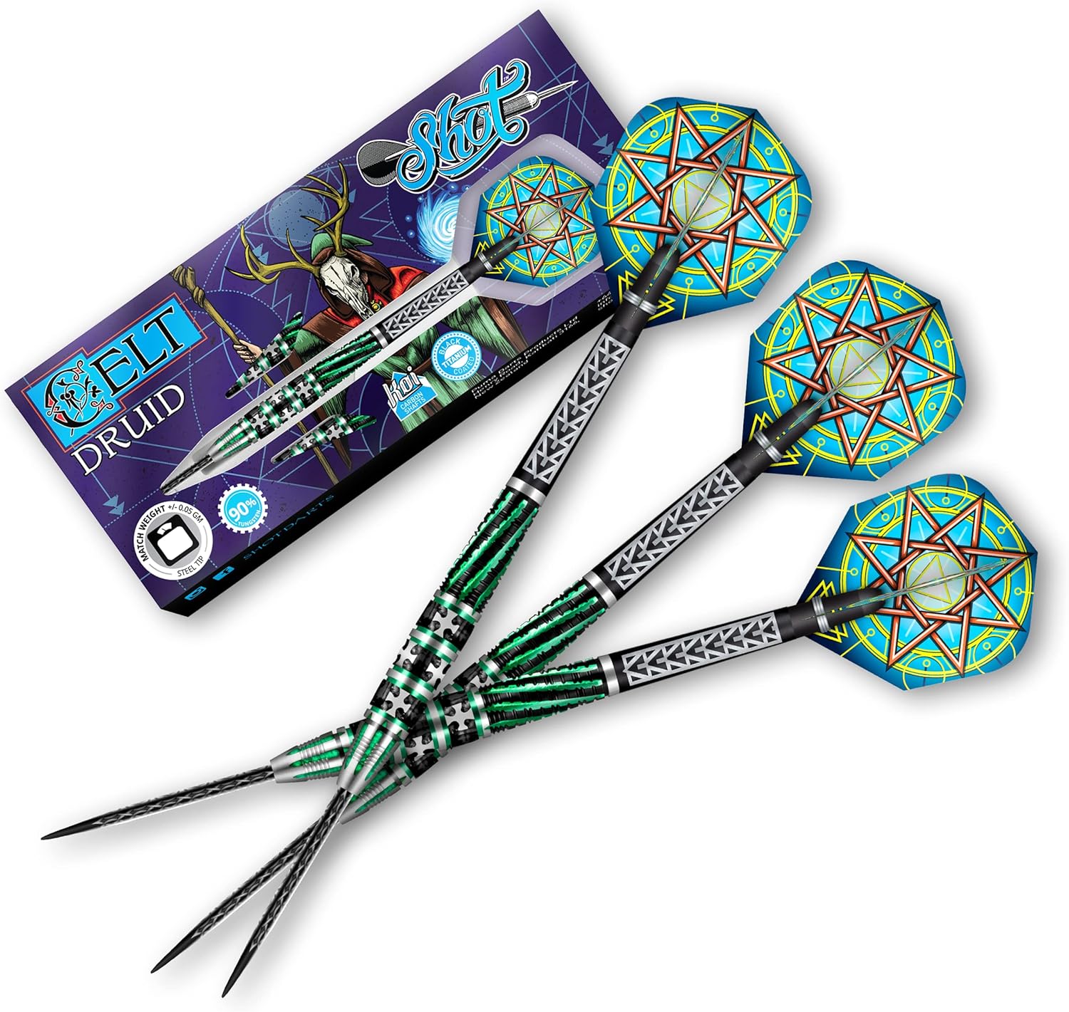 Shot! Darts Celt Druid – Juego de puntas de acero para lanzar dardos profesionales de 90% tungsteno, fabricado en Nueva Zelanda – Vuelos de dardos